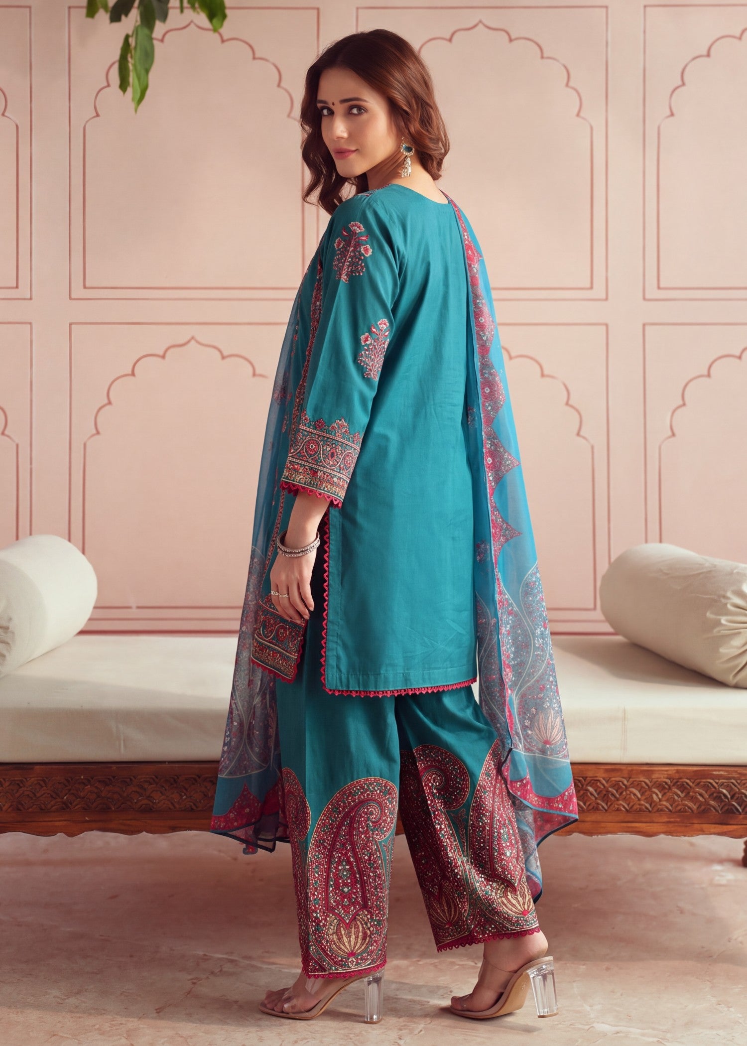 lawn Kurta Set in Teal, dark cyan