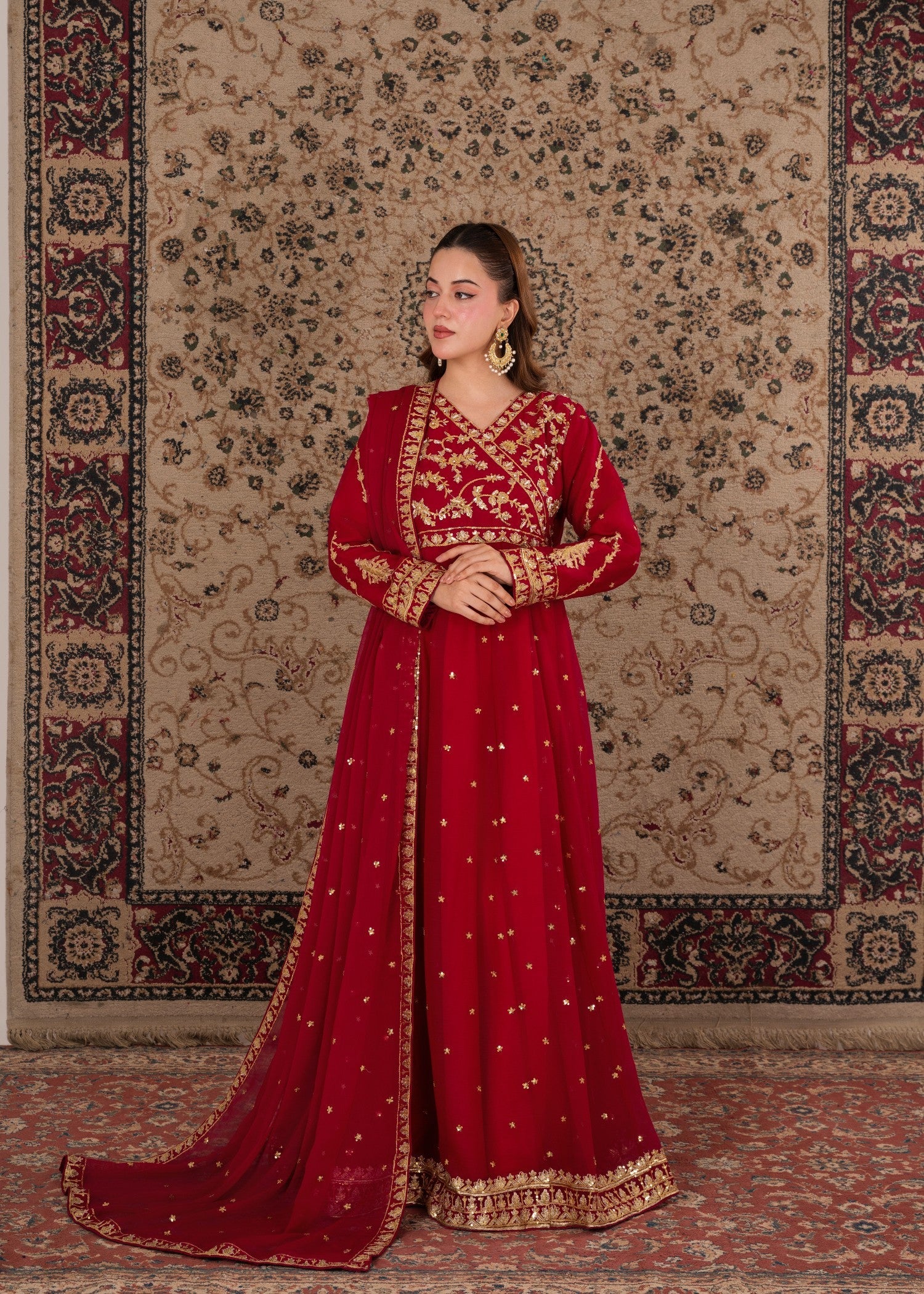 crinkle chiffon Angrakha in Red