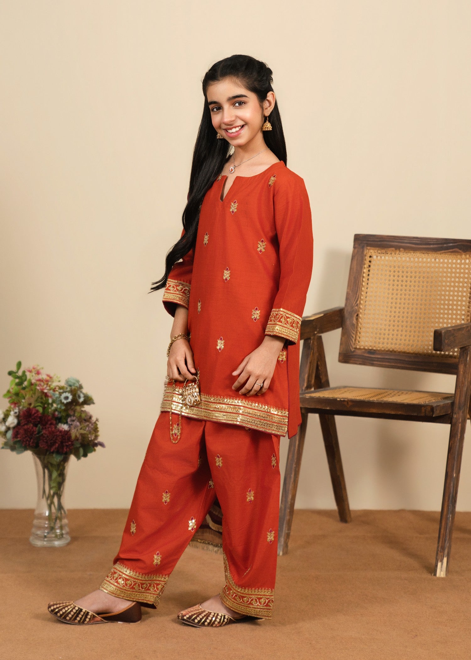 cotton Kurta Set in Rust orange