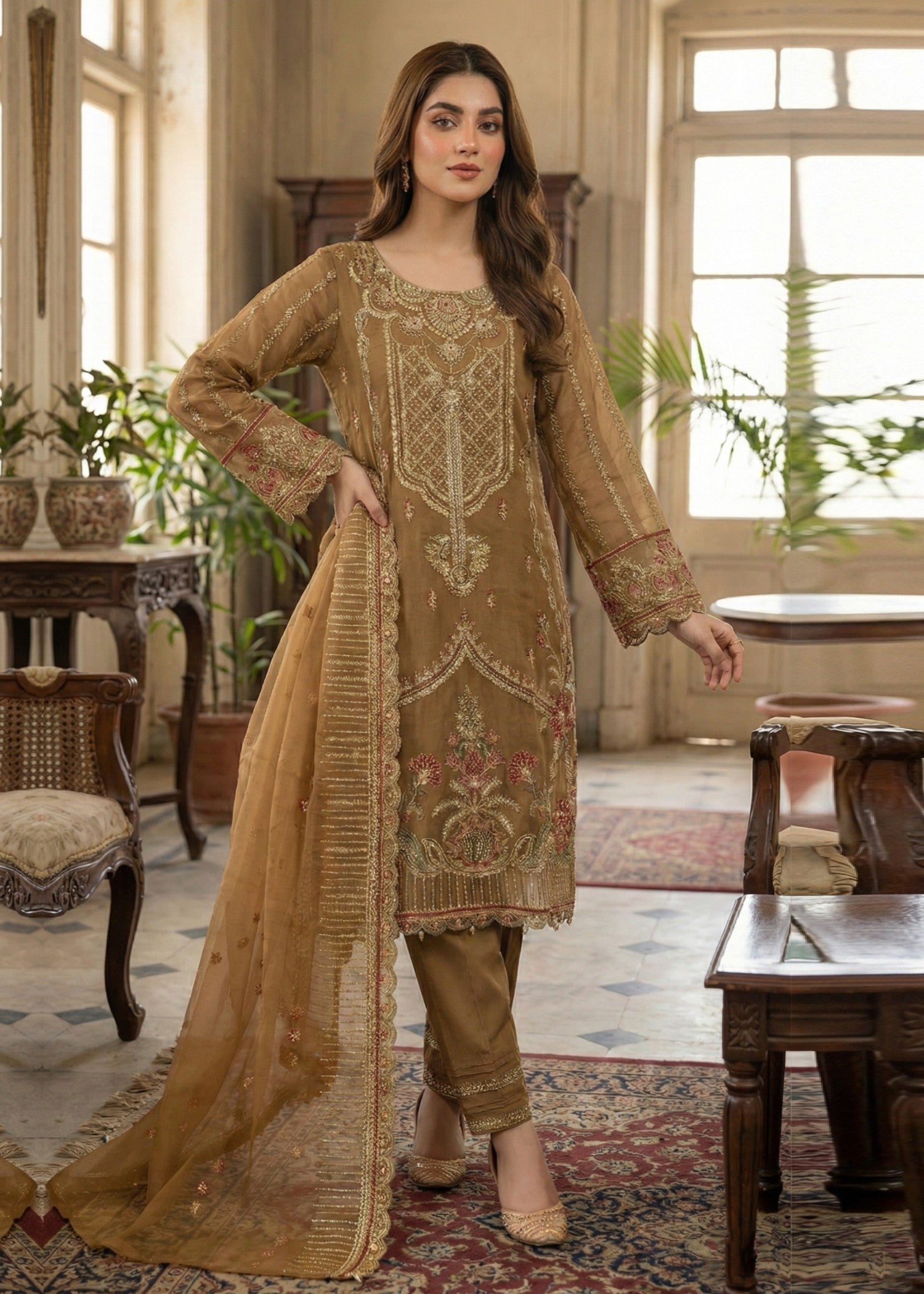 organza Kurta Set in Golden brown