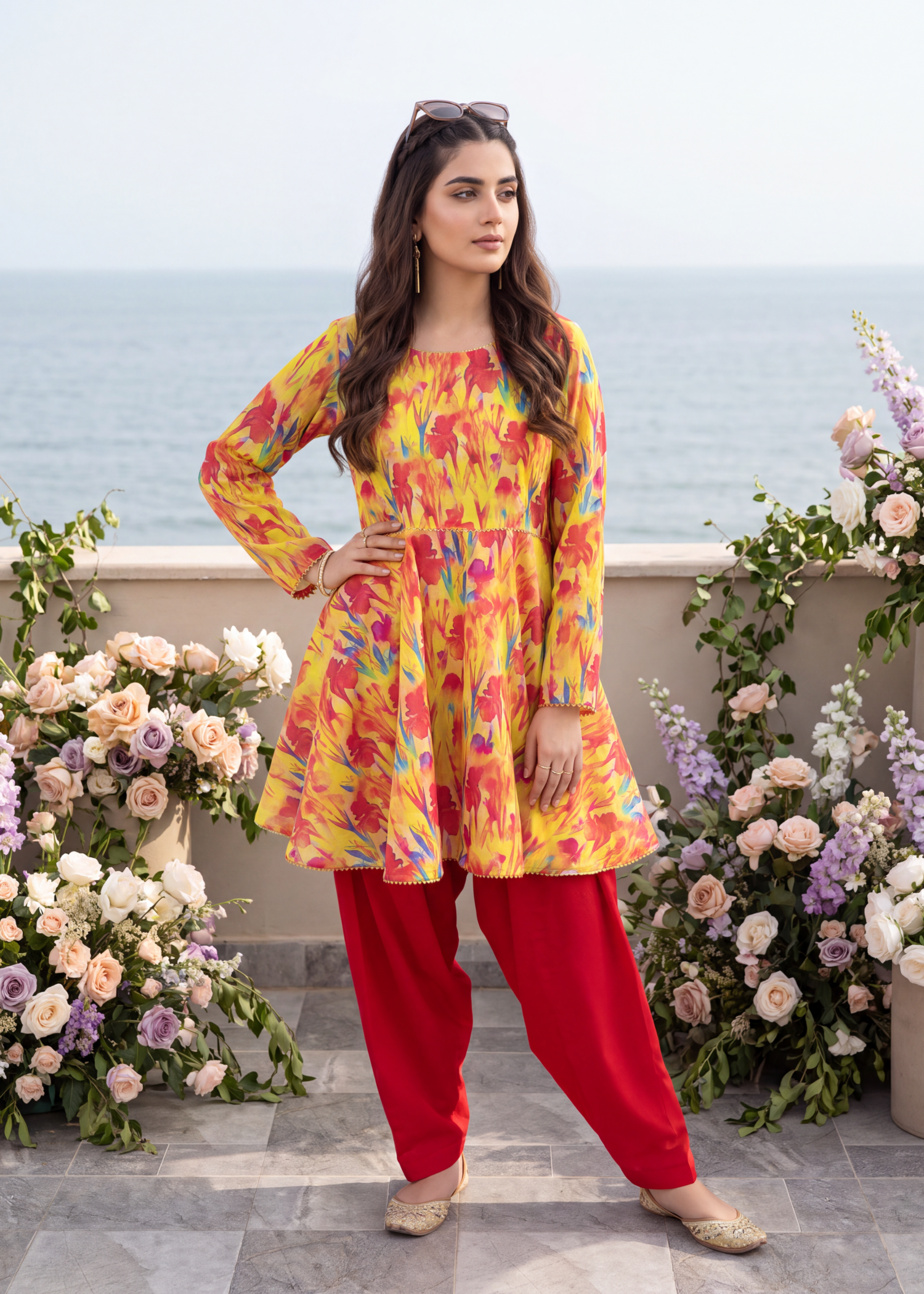 lawn Short Frock in Multi, sunflower, red