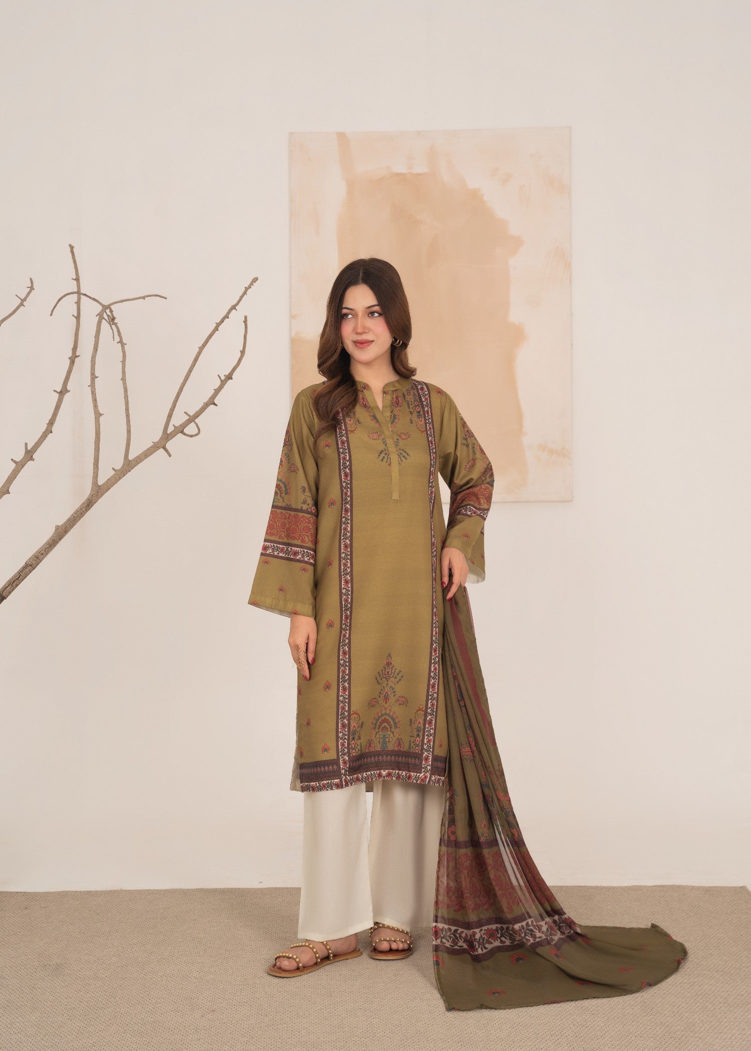 poly lawn Kurta Set in Olive green