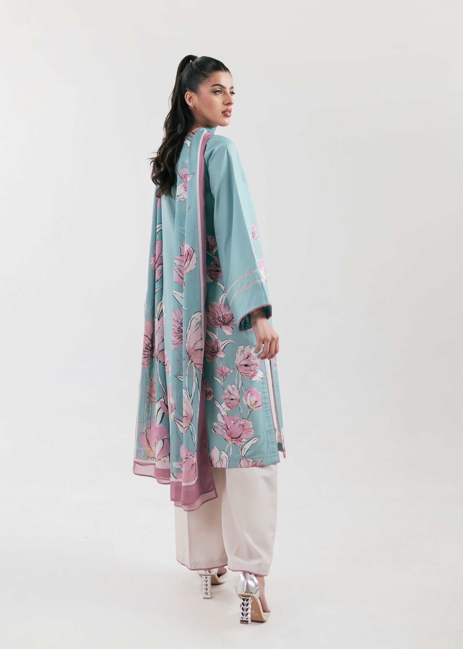 poly lawn Kurta Set in Light blue