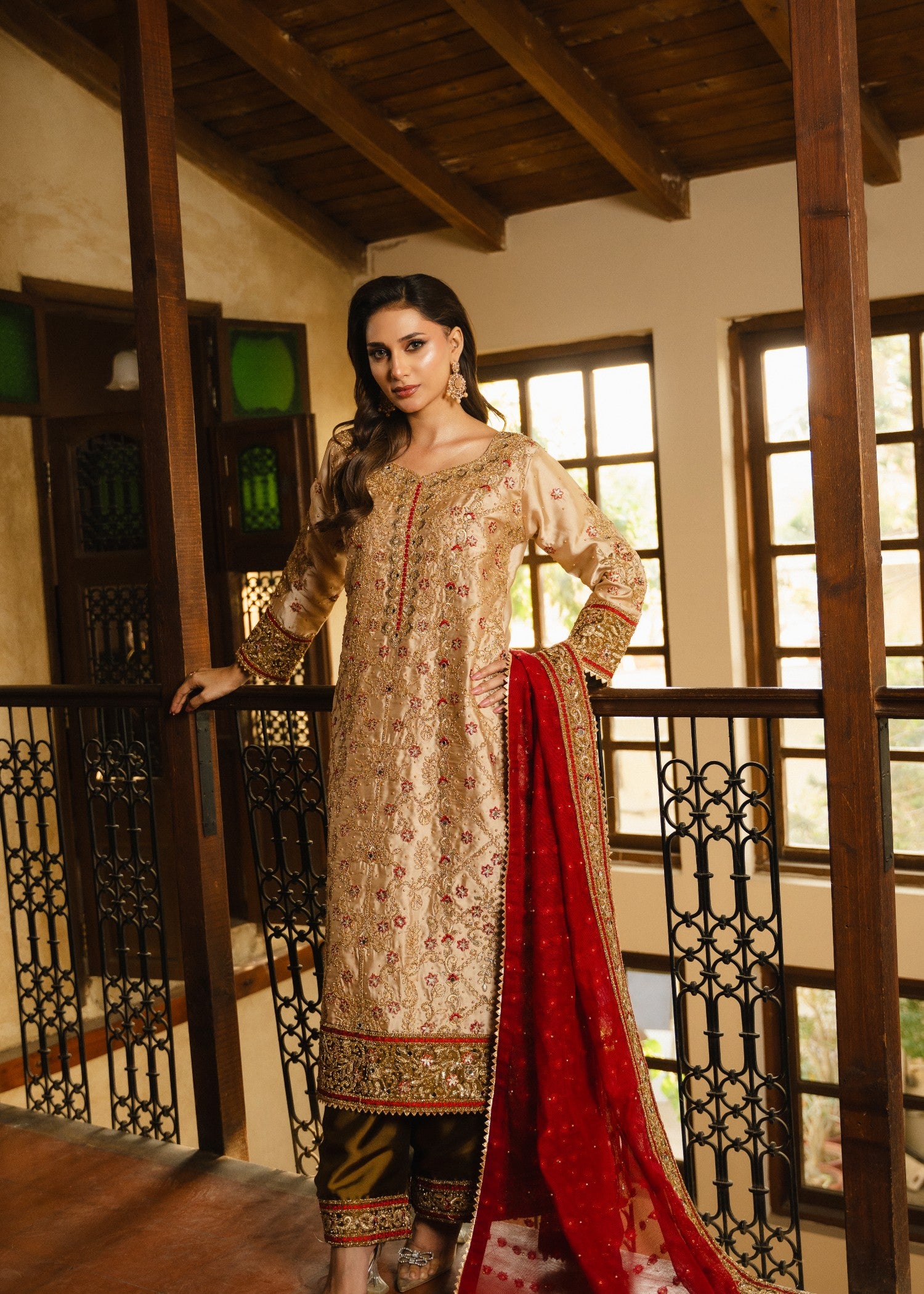 silk charmeuse Kurta Set in Crimson, flax