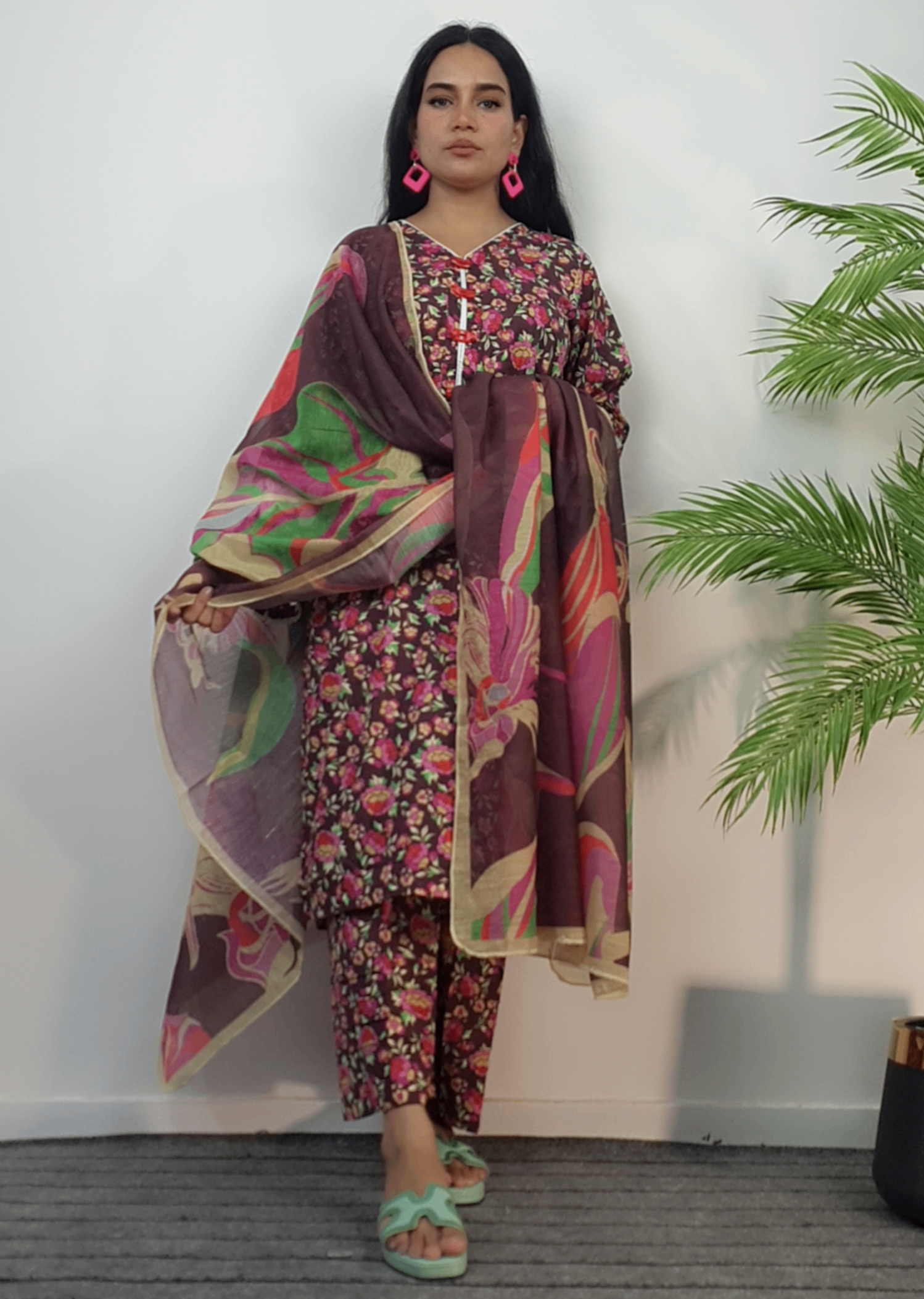 lawn Kurta Set in Burnt umber