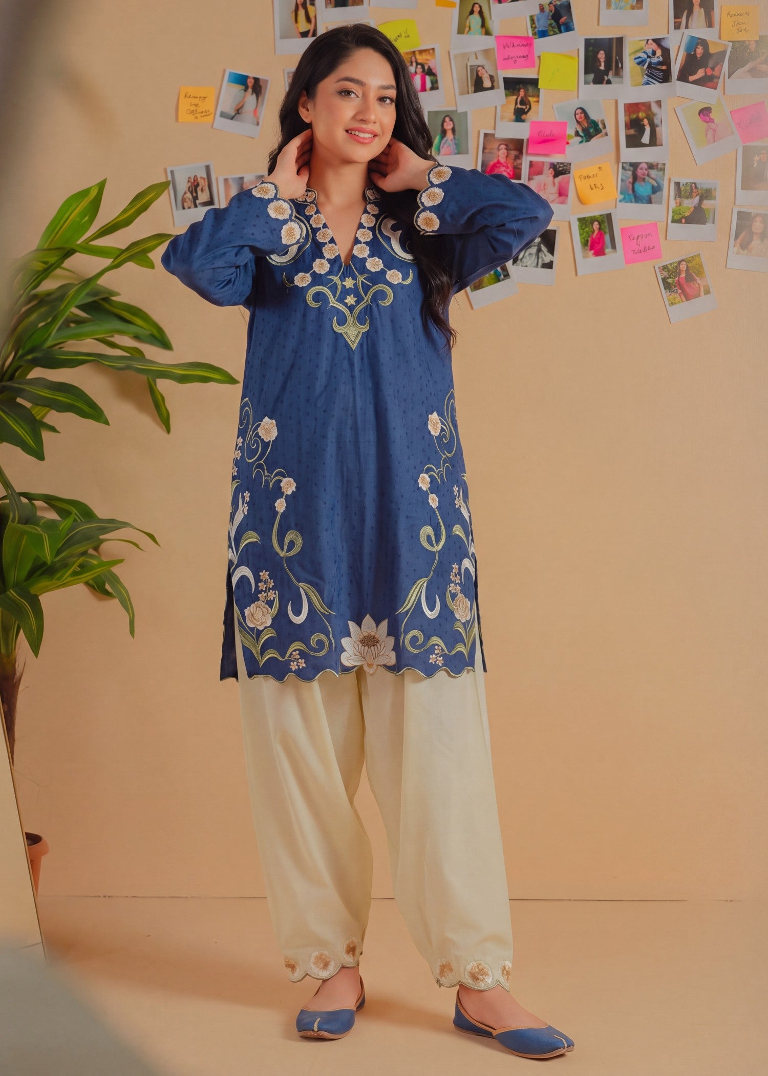 textured lawn Kurta Set in Navy blue