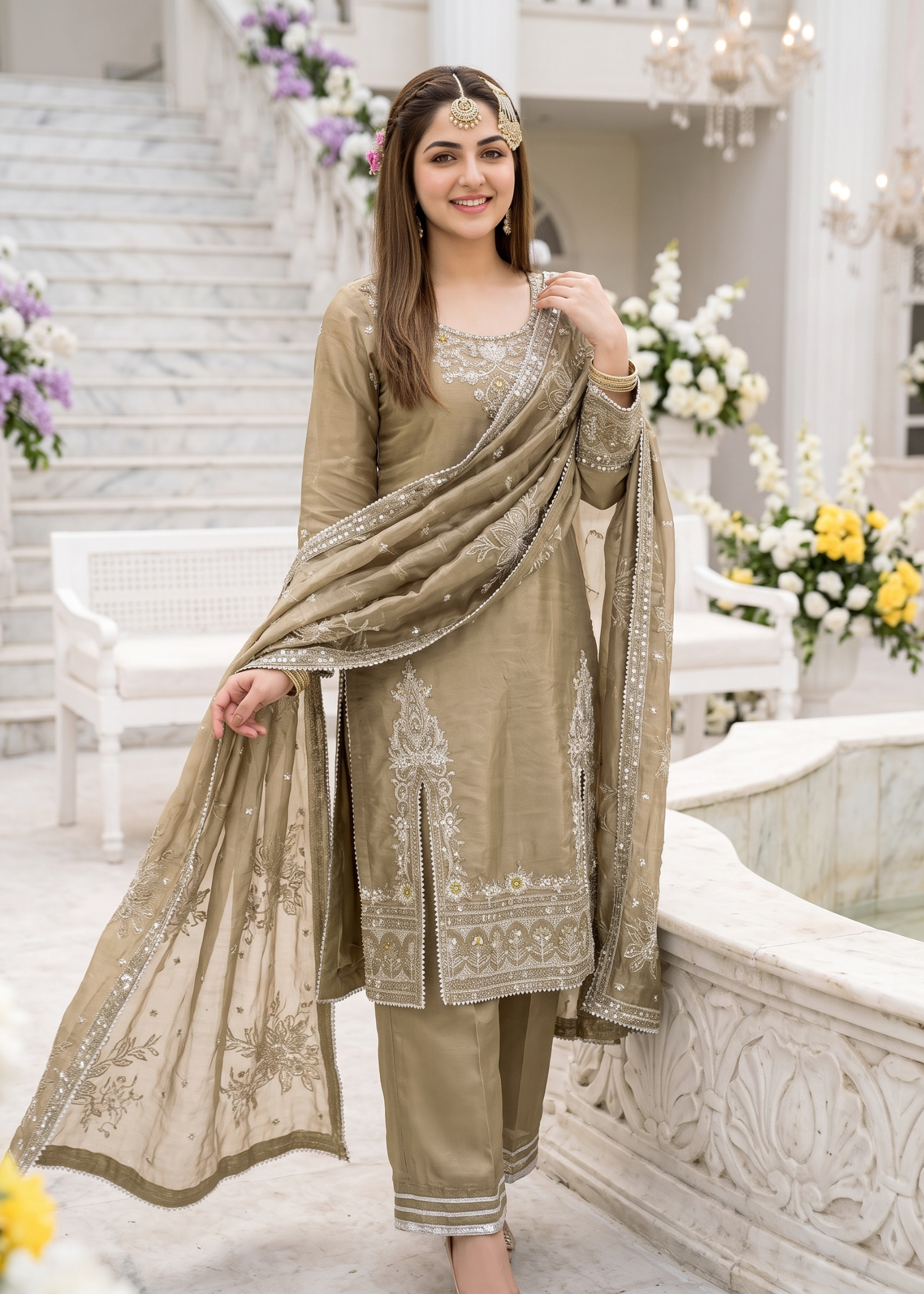 cotton silk Kurta Set in Sage green