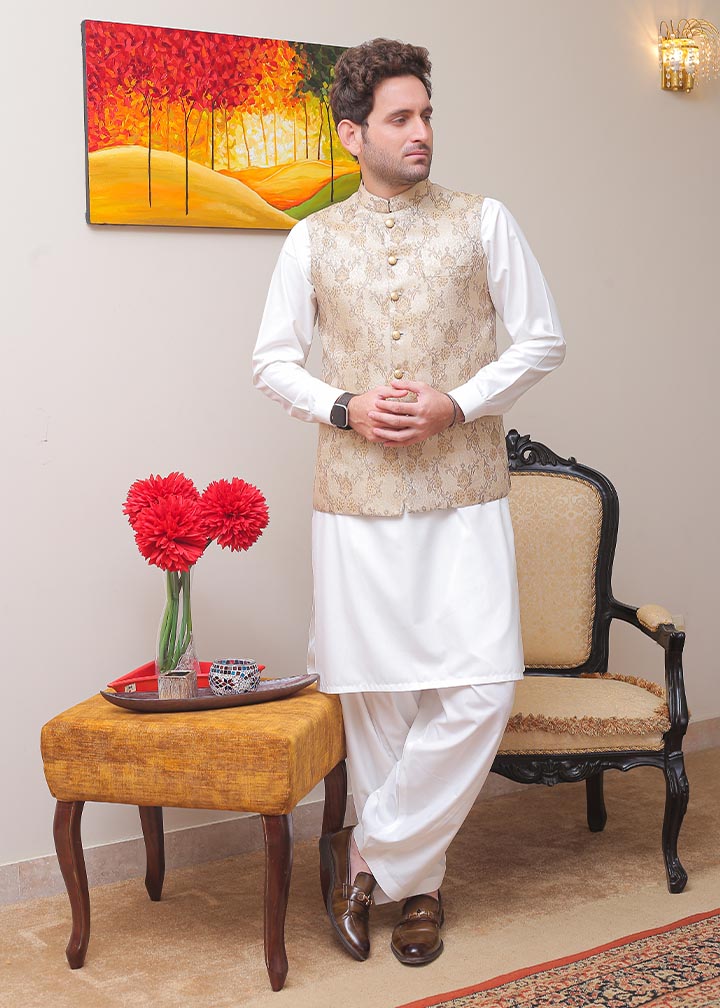 banarsi silk Waistcoat in Beige by Real Image Clothing