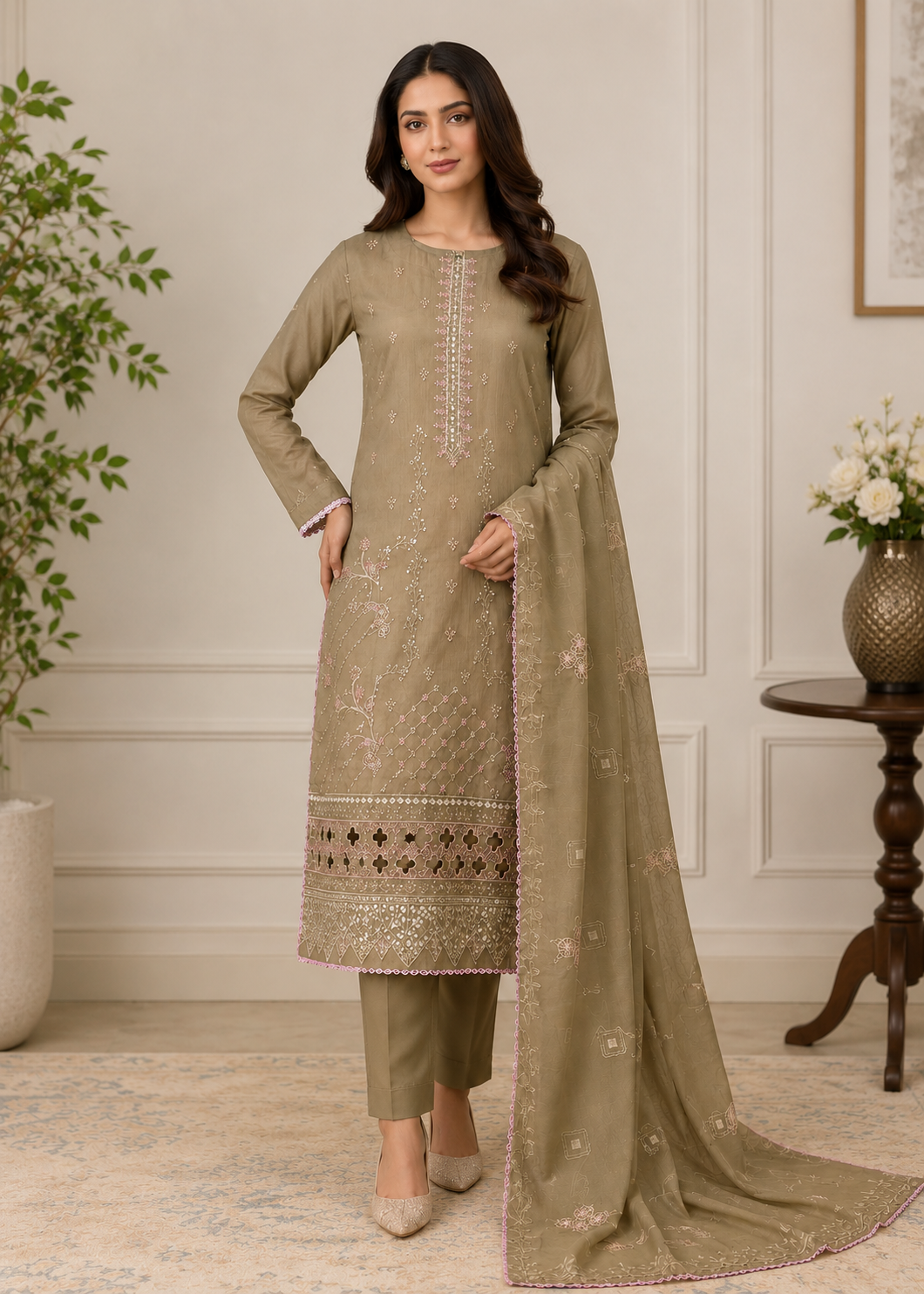 cotton Kurta Set in Caramel brown