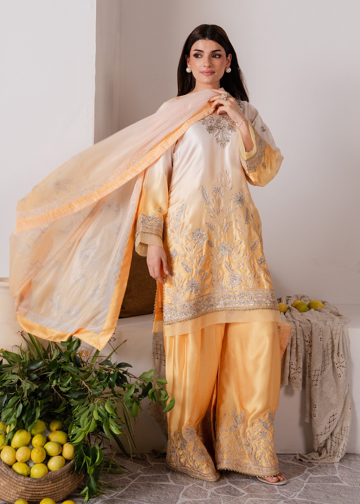 charmuse/shamooz Kurta Set in Off-white, goldfish orange