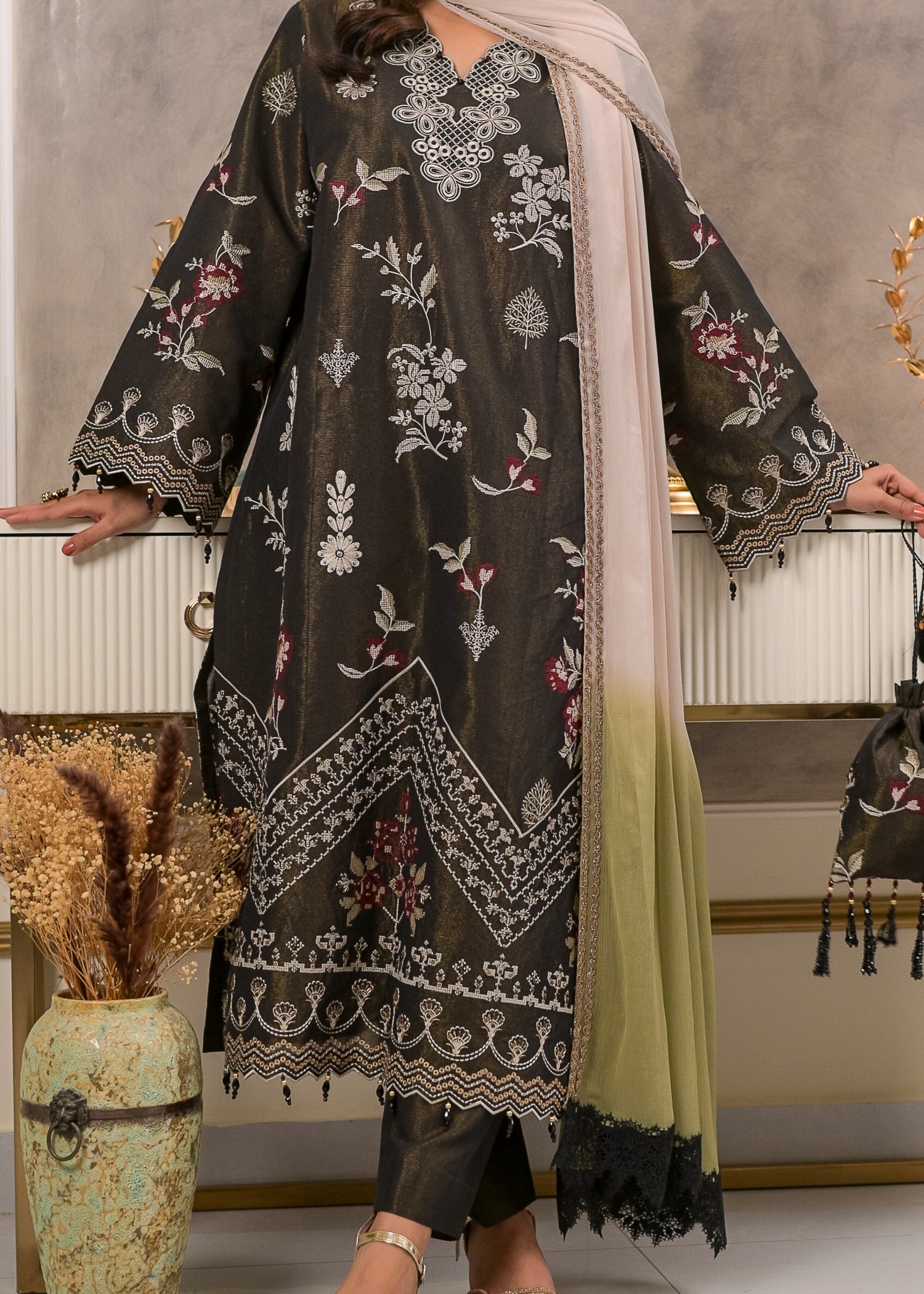 cotton masuri Kurta Set in Black, olive green