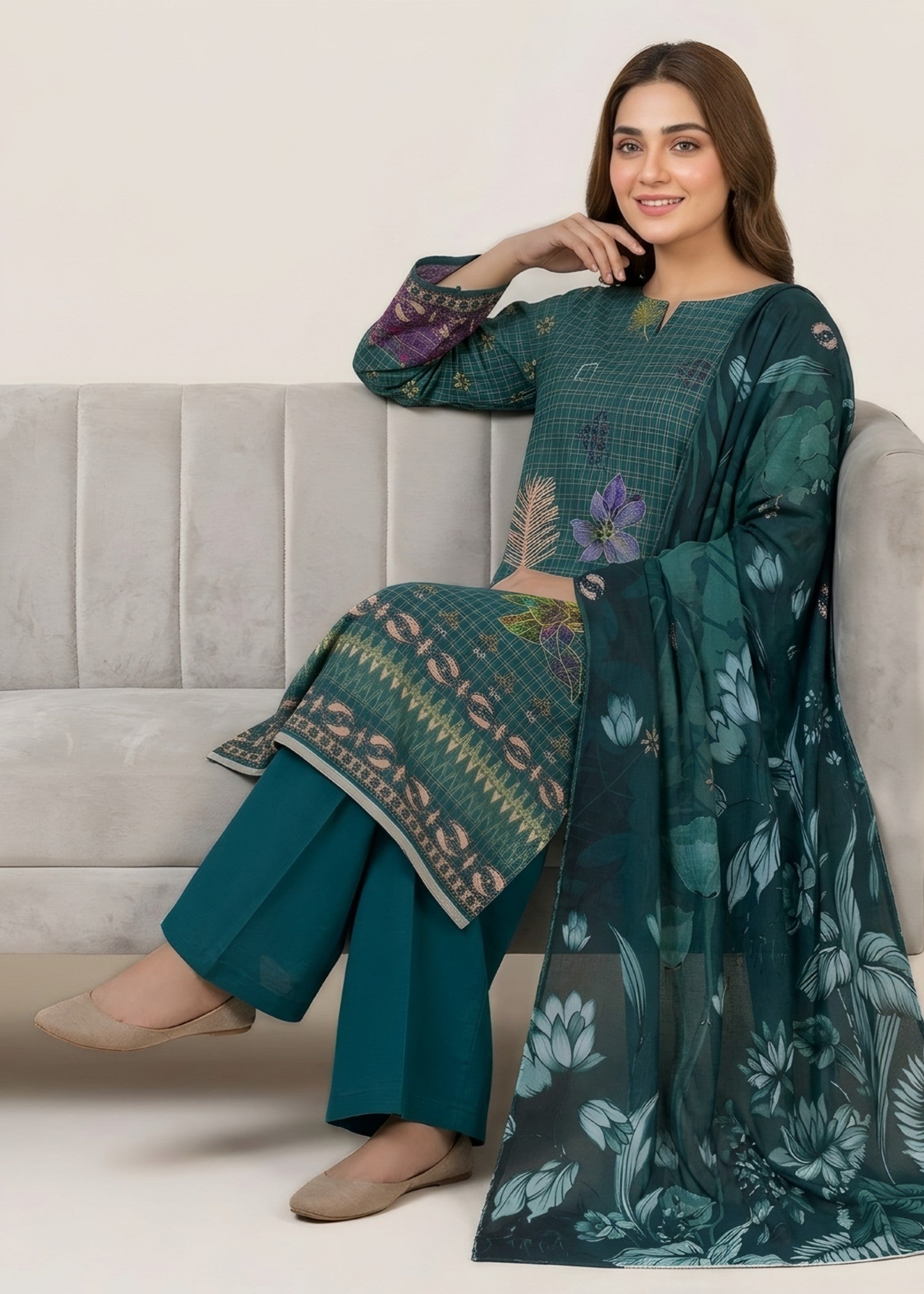 khaddar Unstitched in Pine green