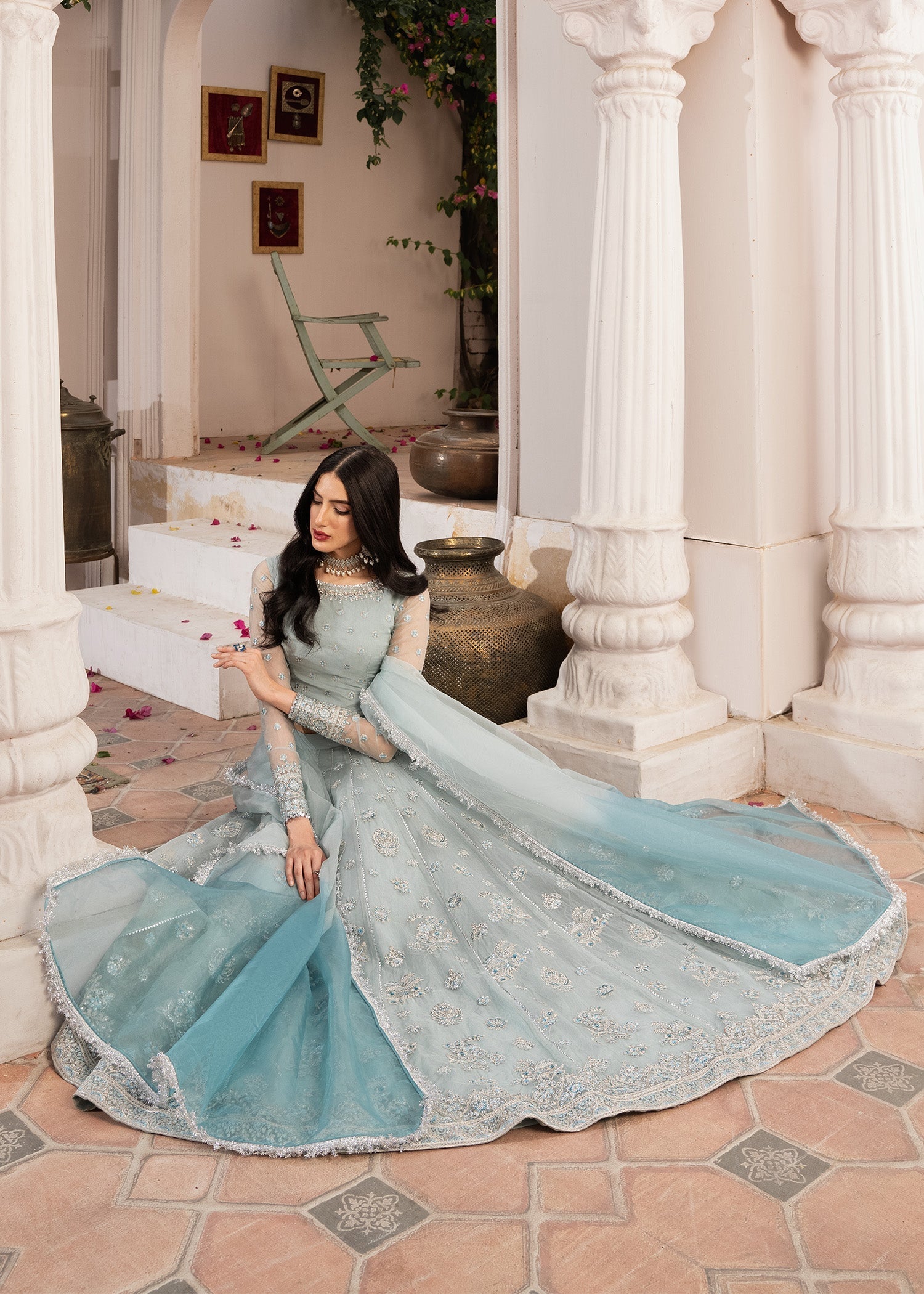 organza Lehenga in Ice blue