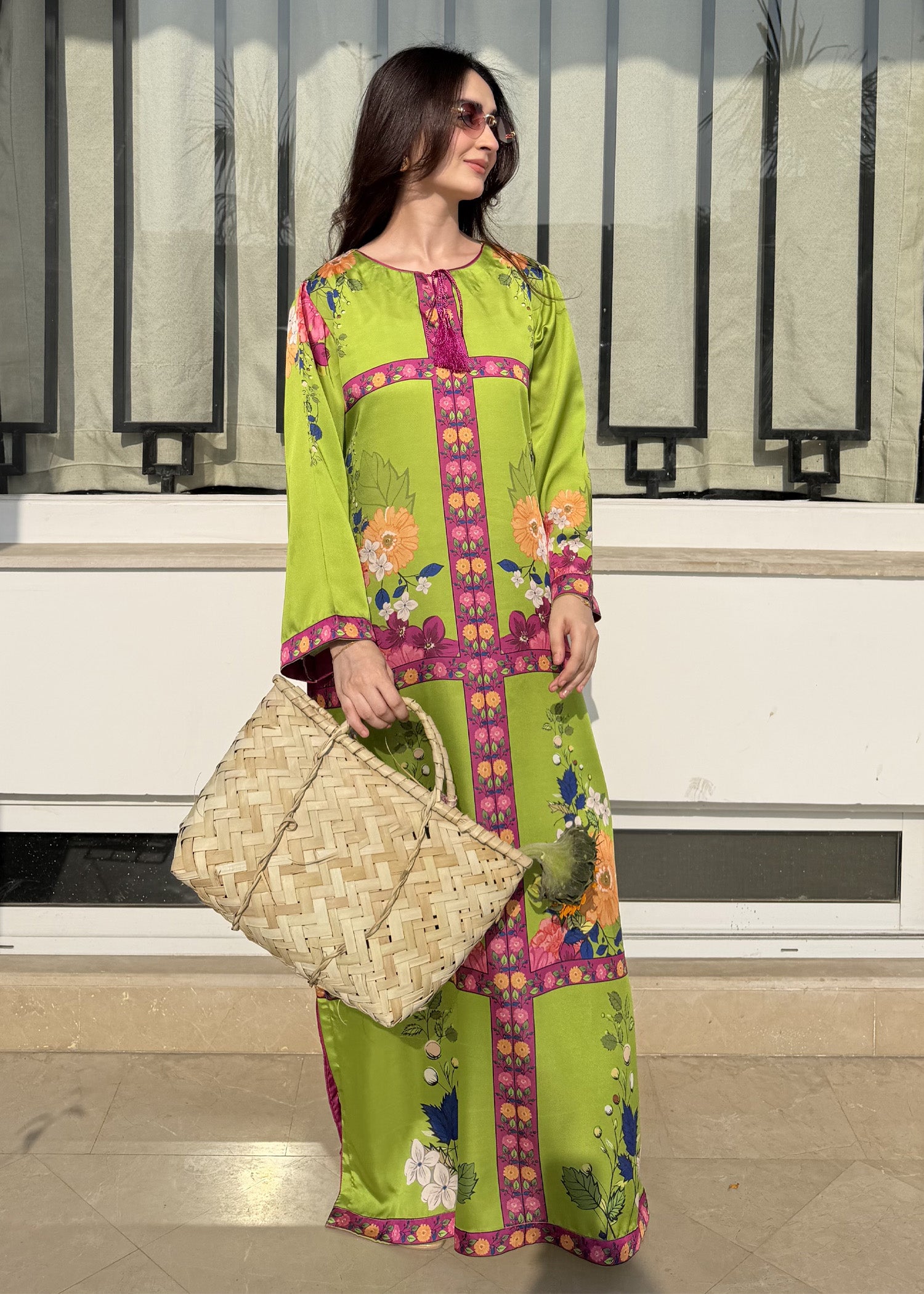 satin silk Kaftan in Apple green