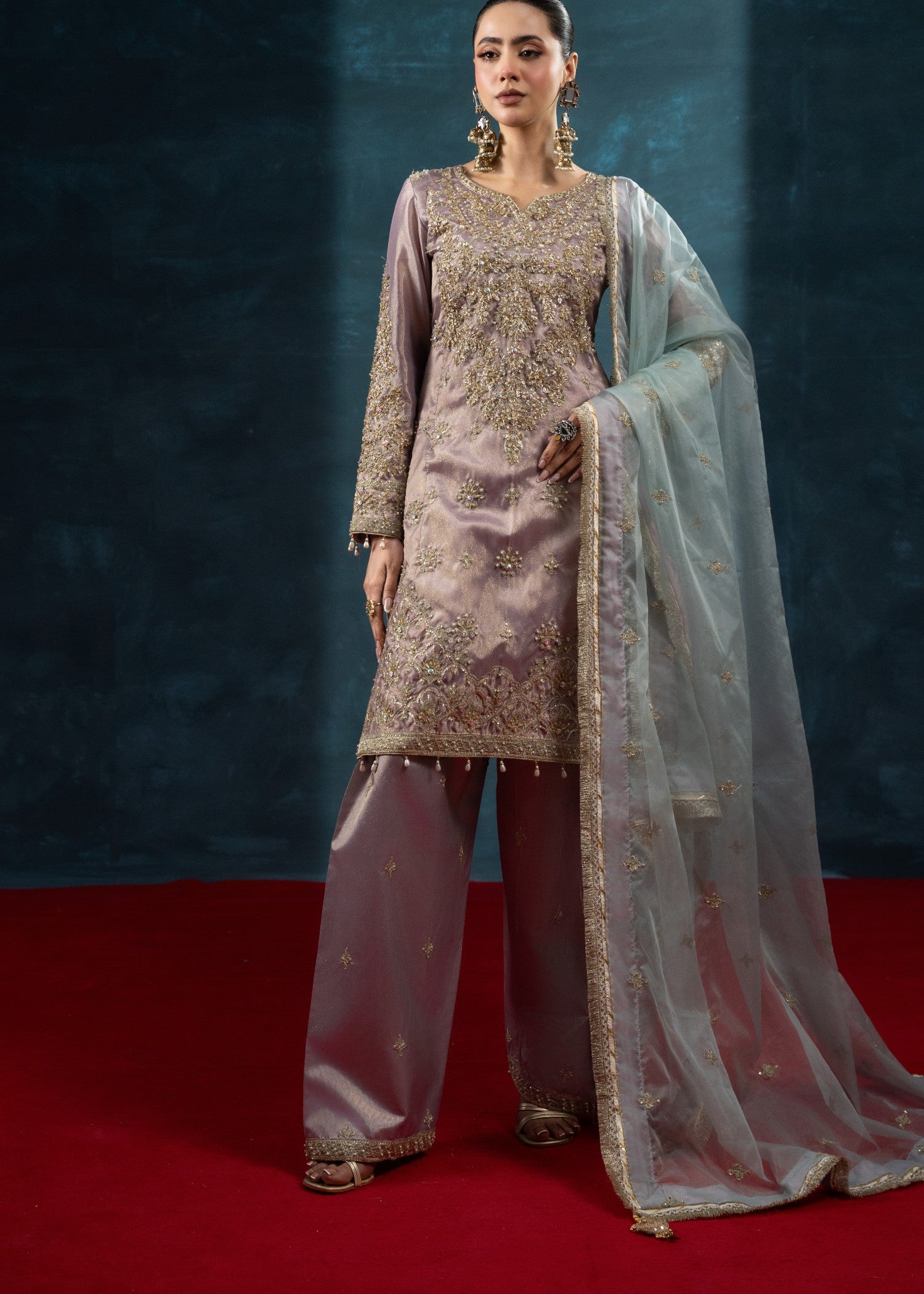 tissue silk Kurta Set in Mauve pink