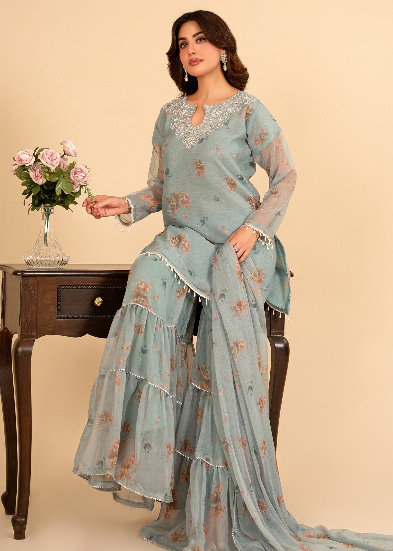bemberg crinkle chiffon Gharara in Ice blue