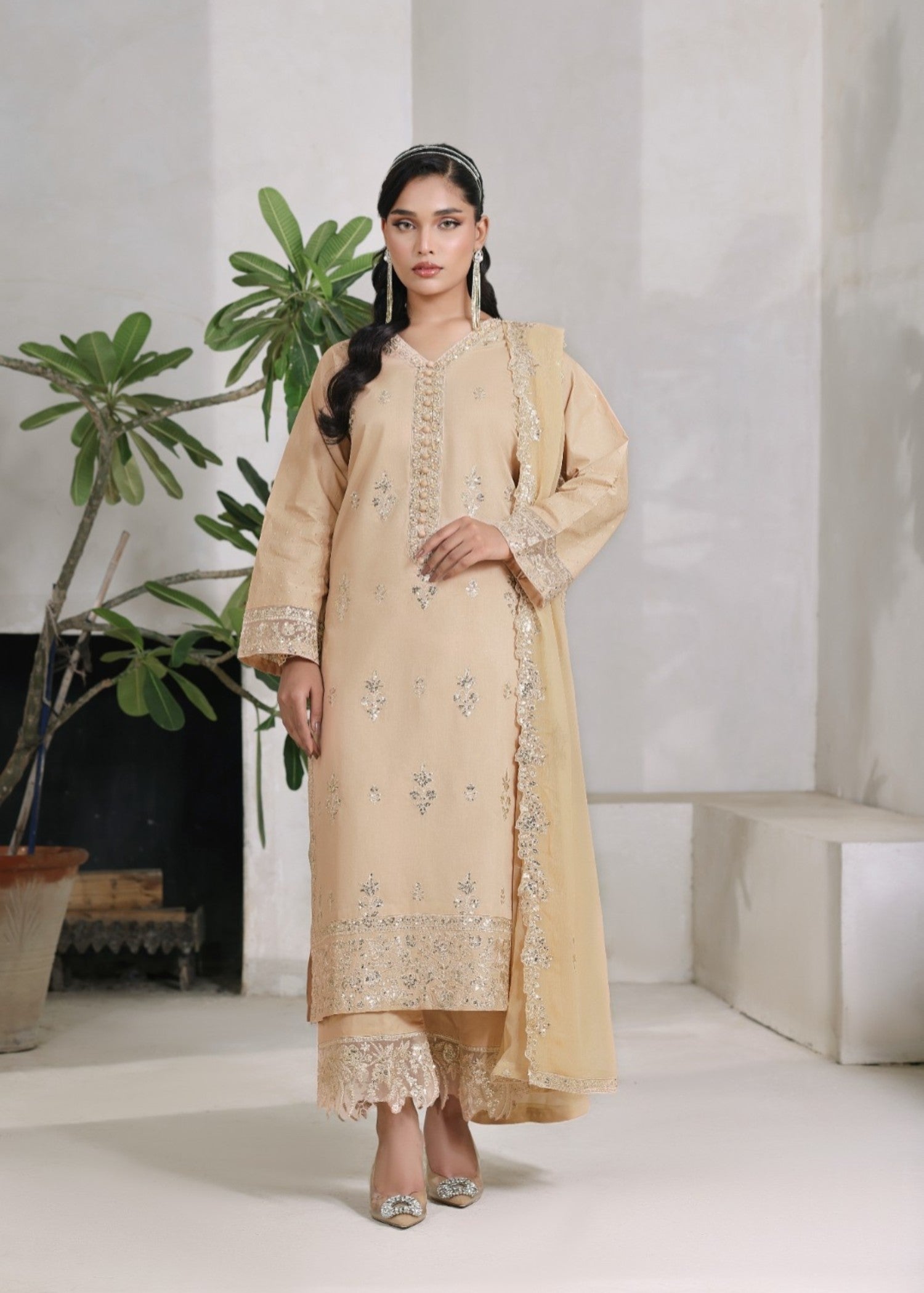 chiffon Kurta Set in Khaki brown