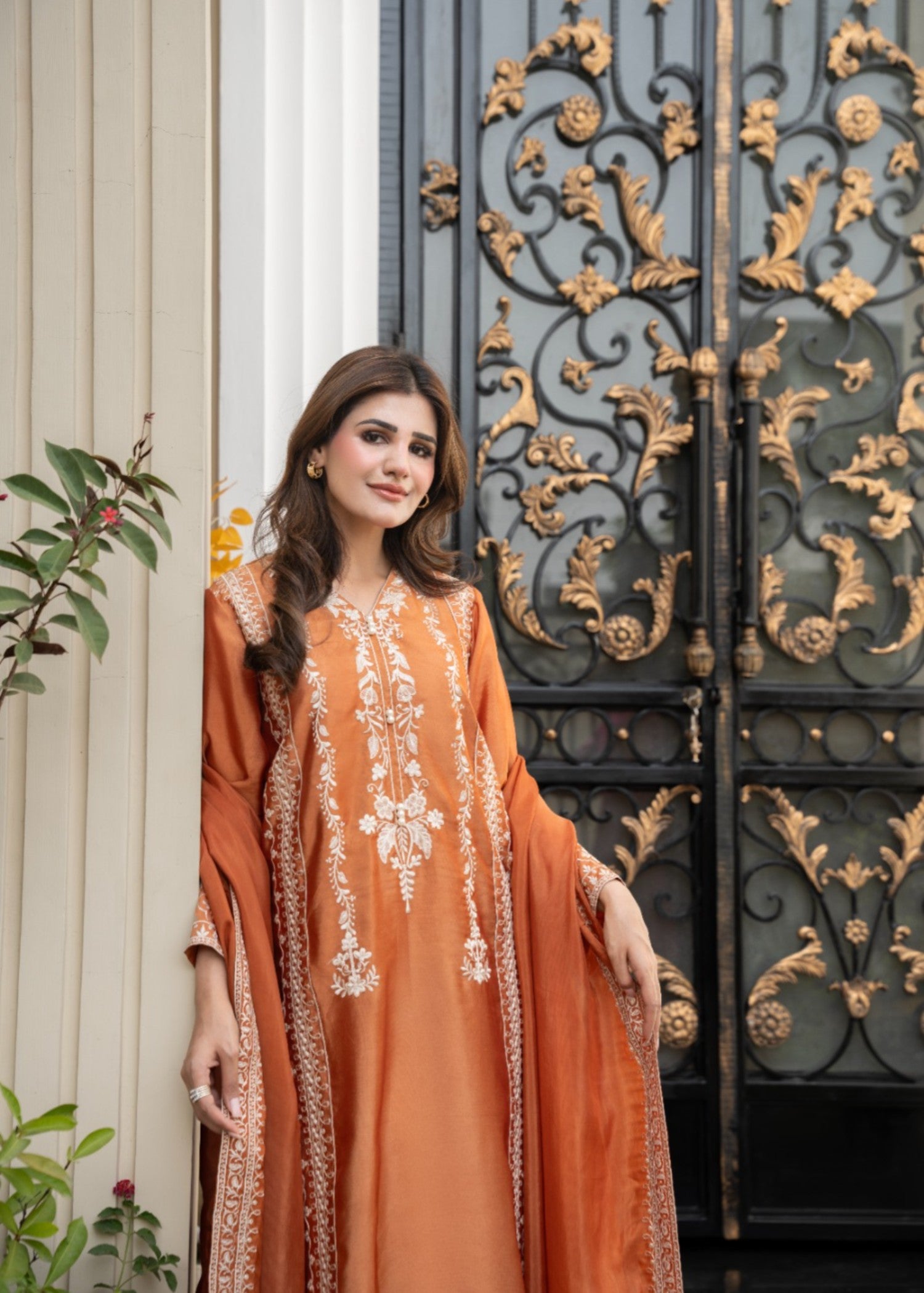 tissue silk Kurta Set in Rust orange