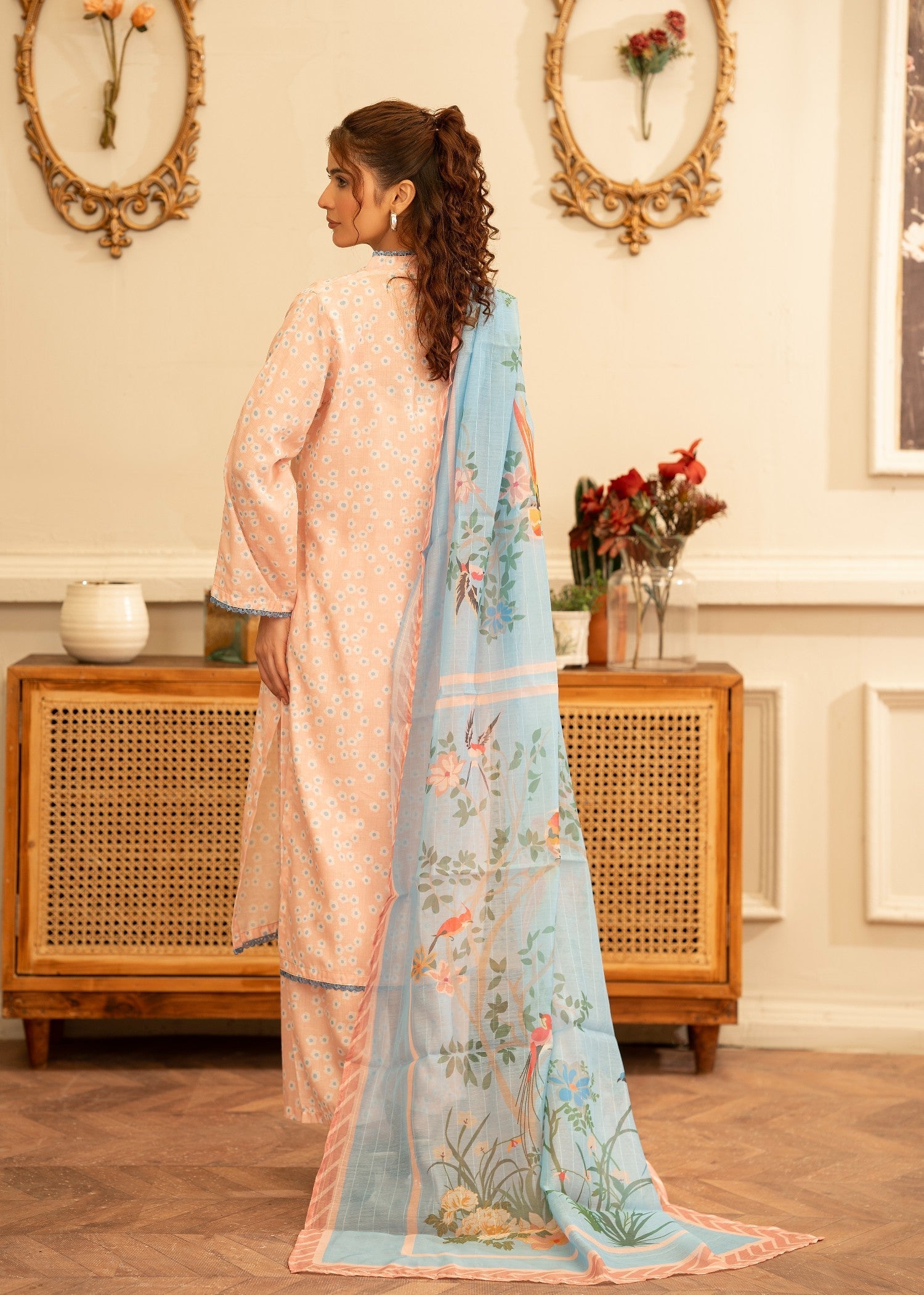 poly lawn Kurta Set in Peach orange