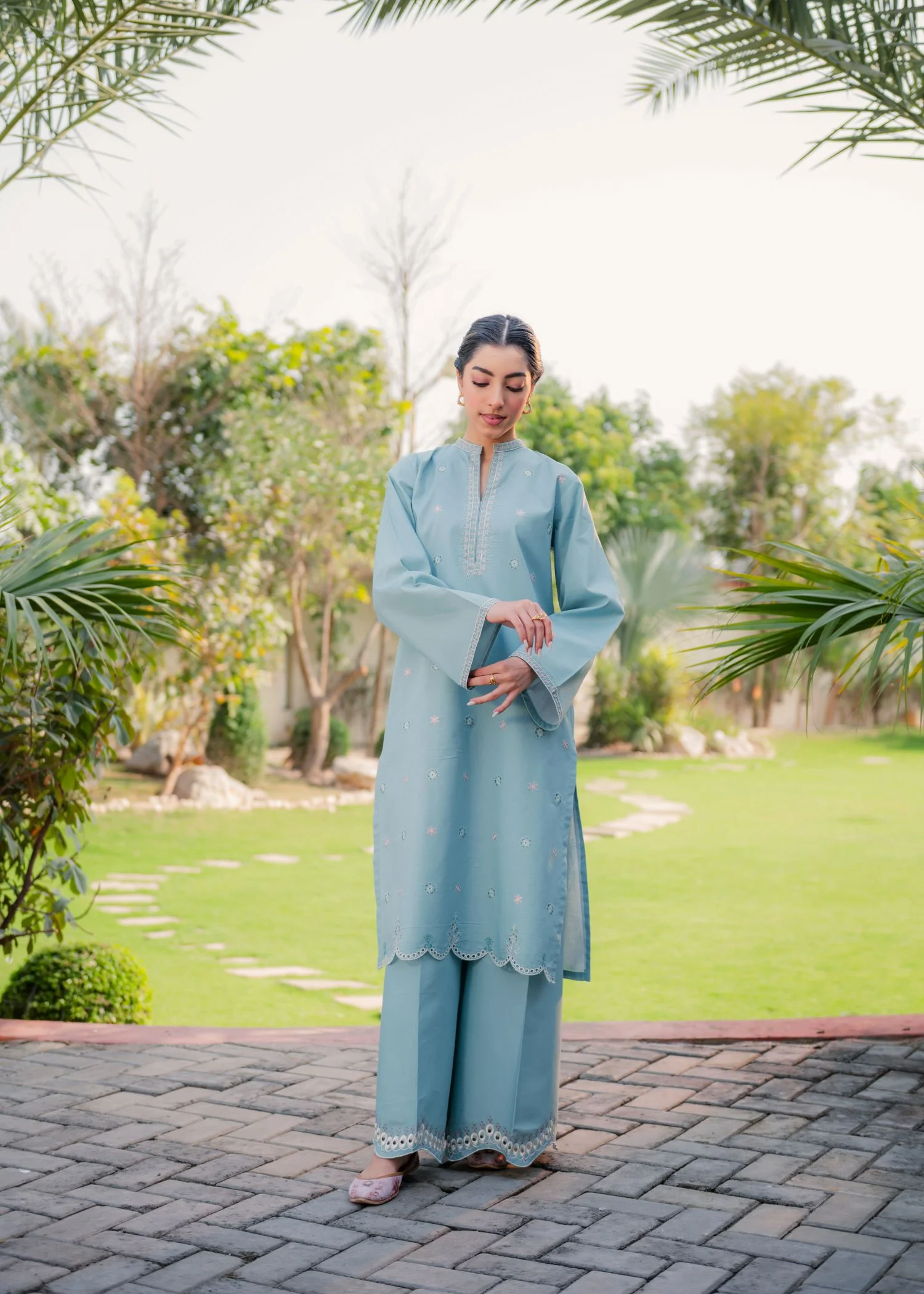 pure cotton Kurta Set in Ice blue