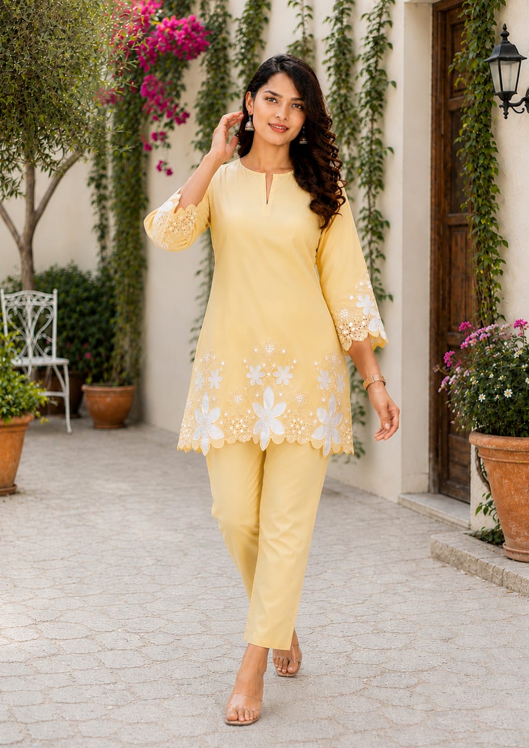 lawn cotton Kurta Set in Lemon