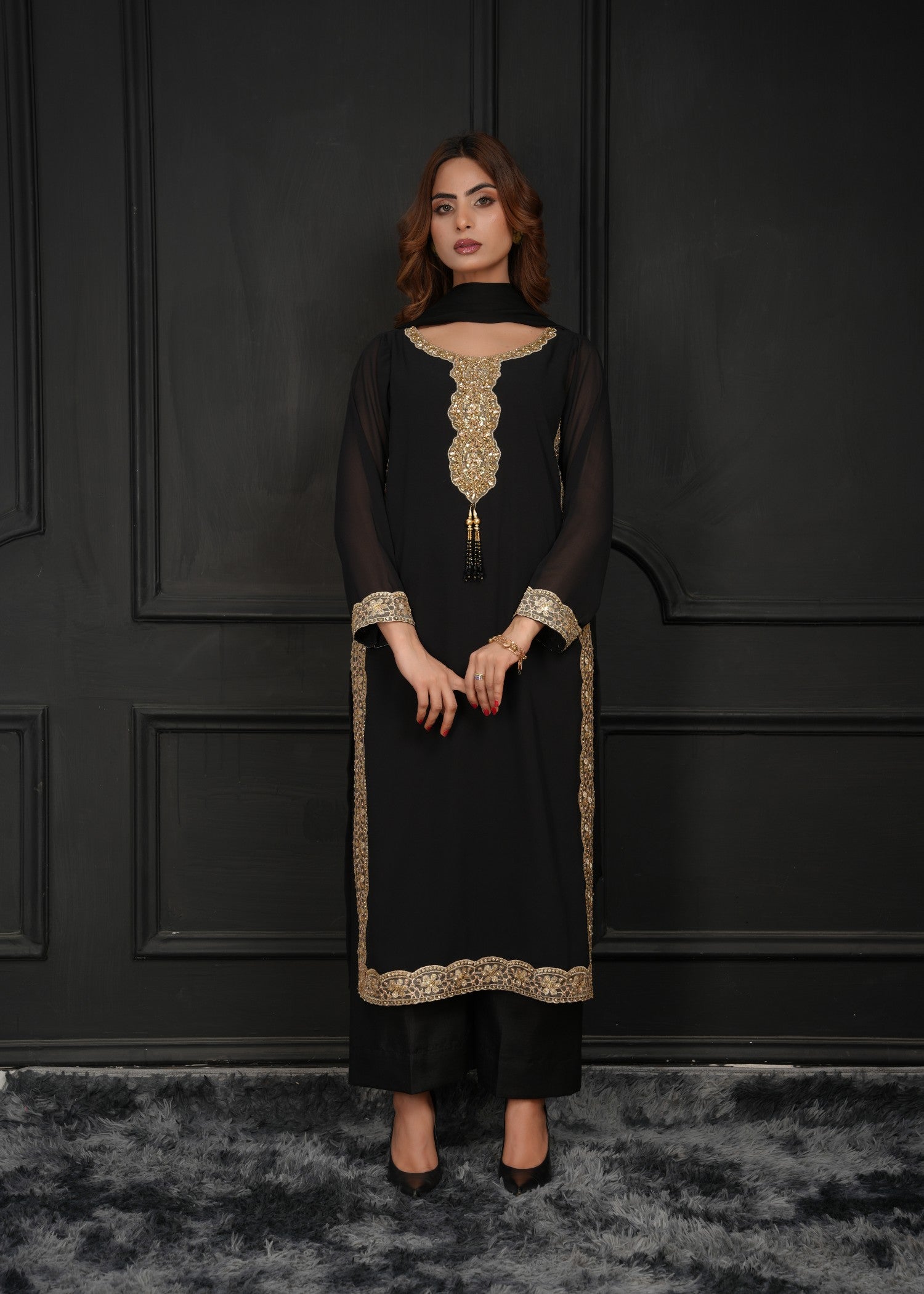 georgette chiffon Kurta Set in Black, gold