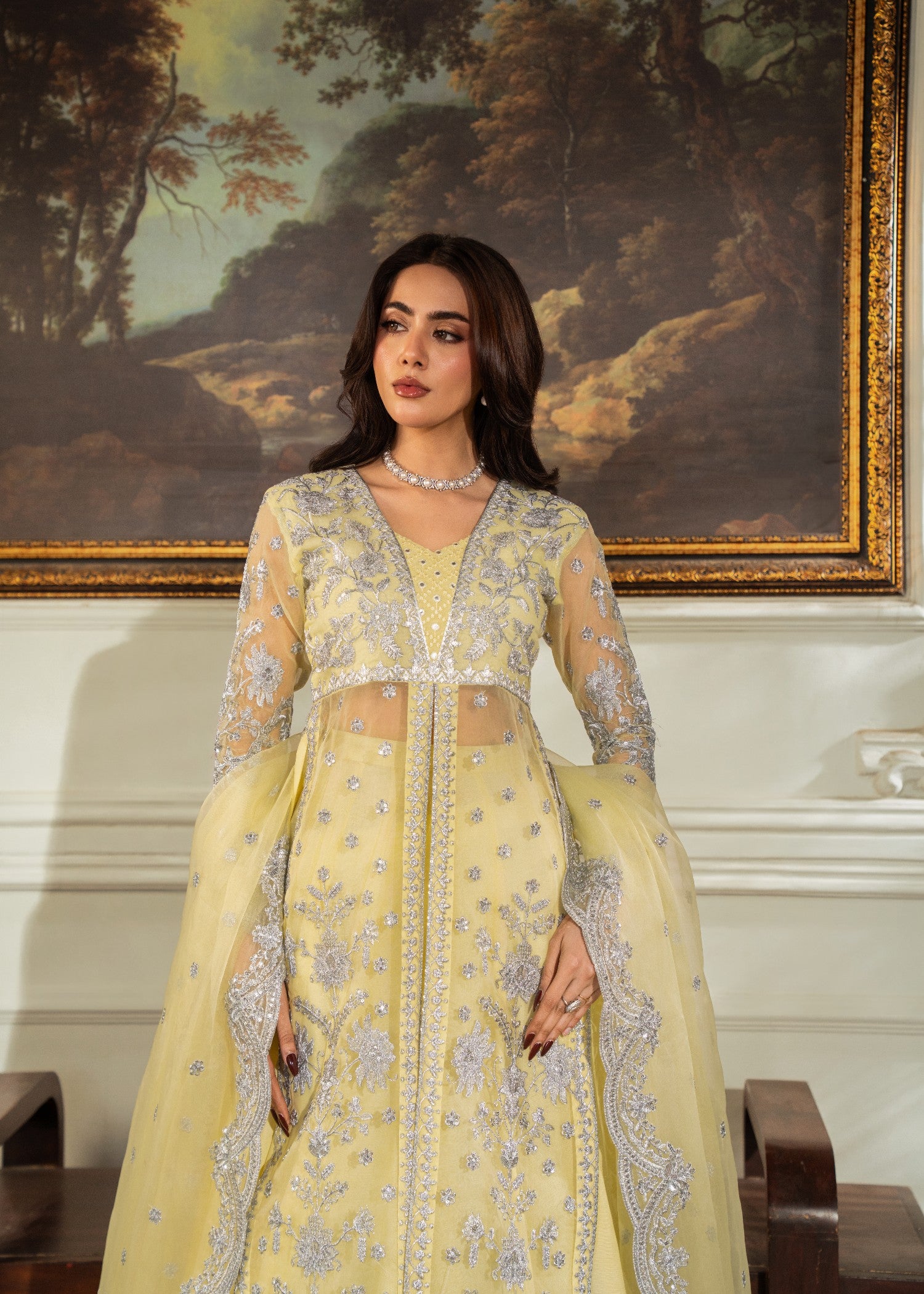 organza Lehenga in Pale yellow