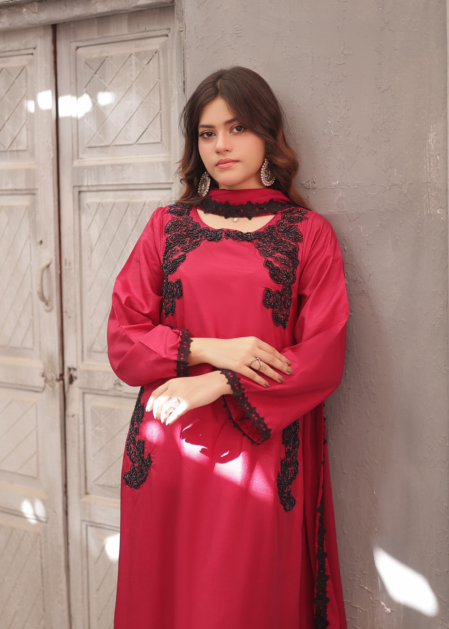 raw silk Kaftan in Cherry red