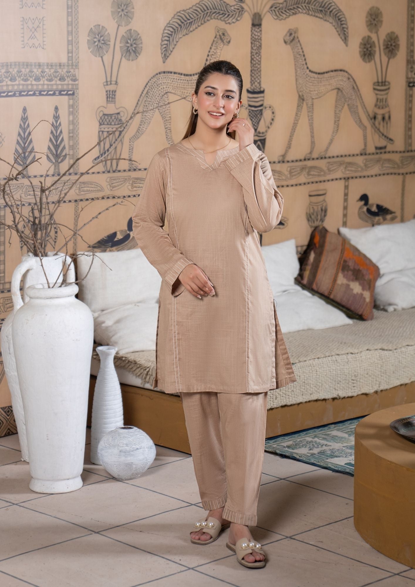 lawn cotton Co Ord Sets in Beige