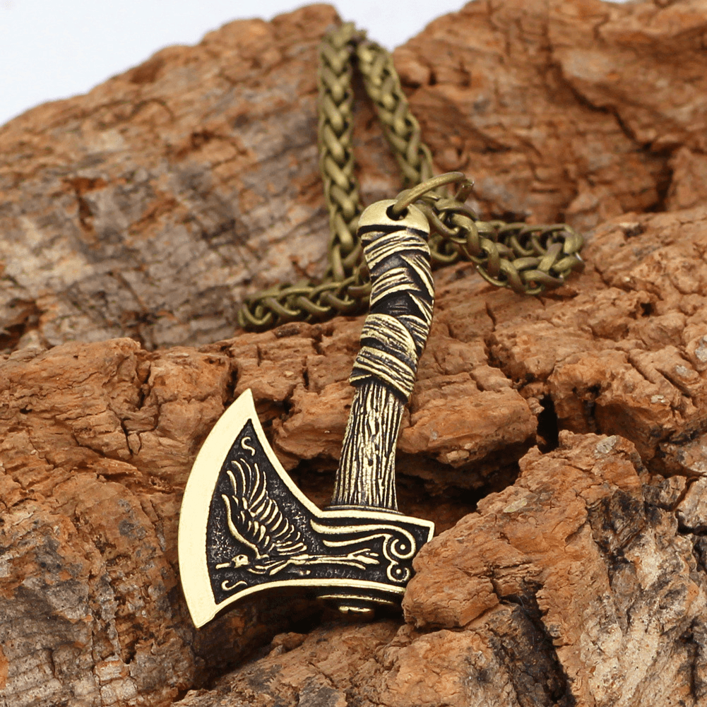 Celtic Wolf and Crow Double-Sided Axe Pendant