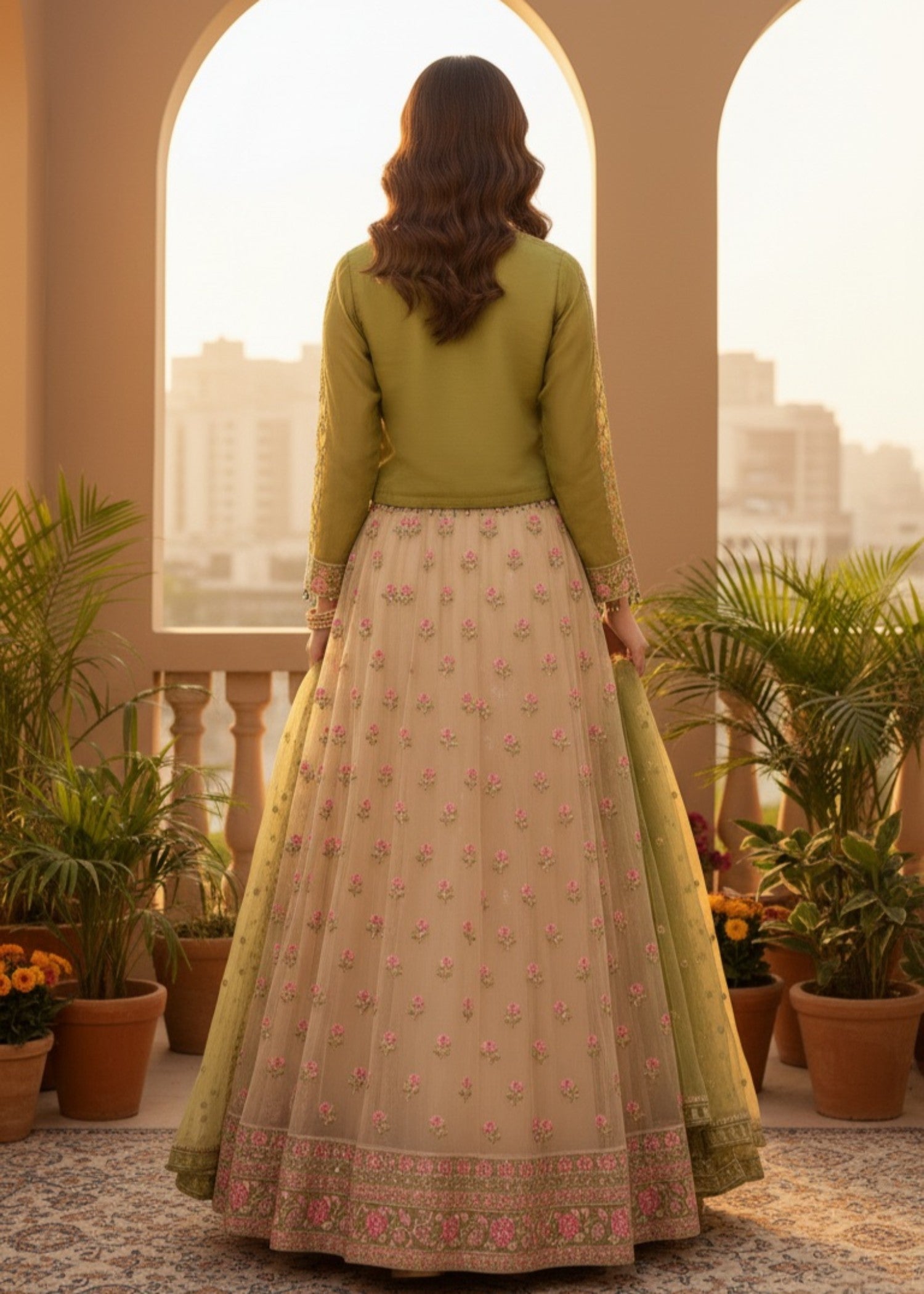 grip Lehenga in Pistachio green, ivory