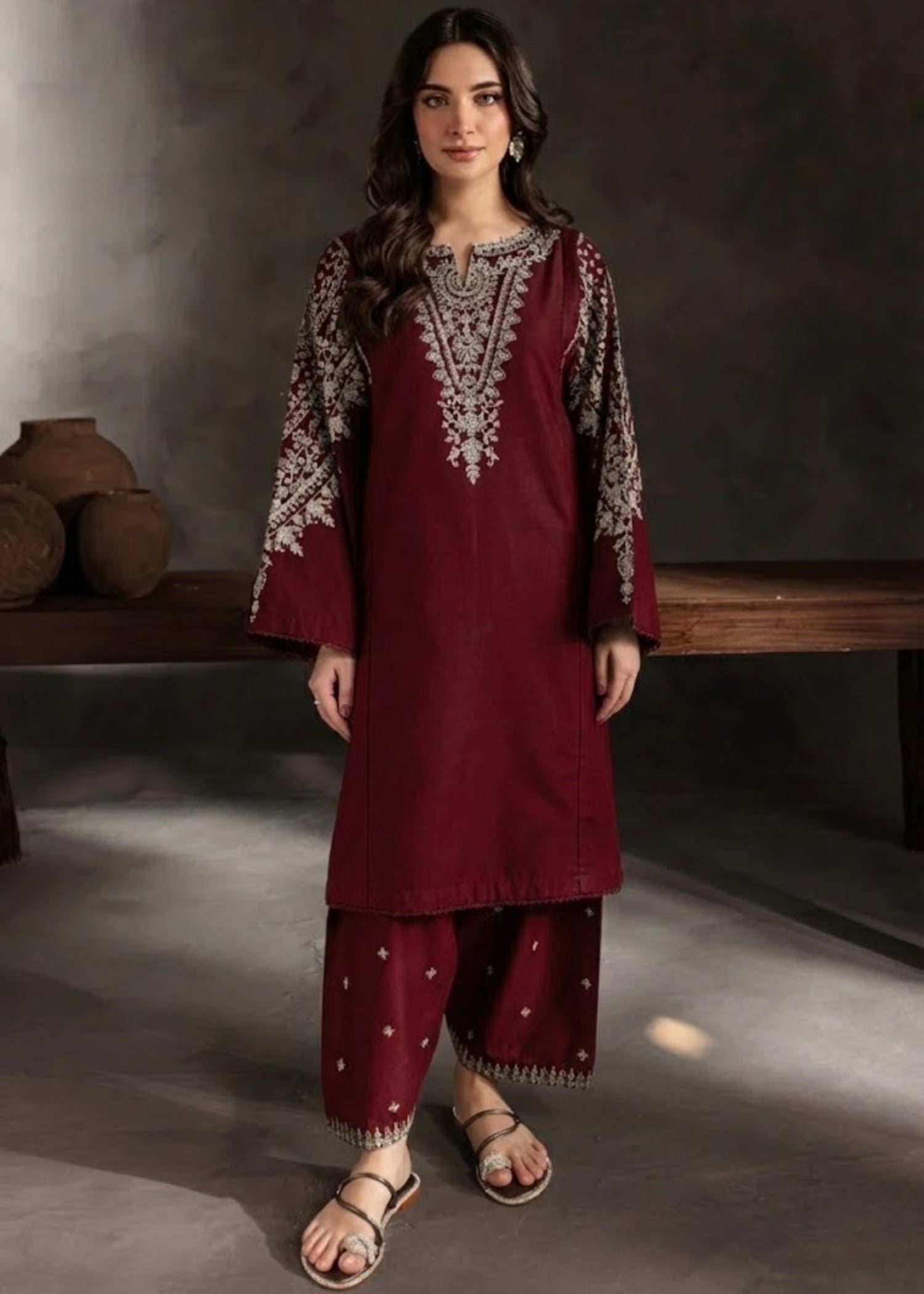 cambric Kurta Set in Maroon