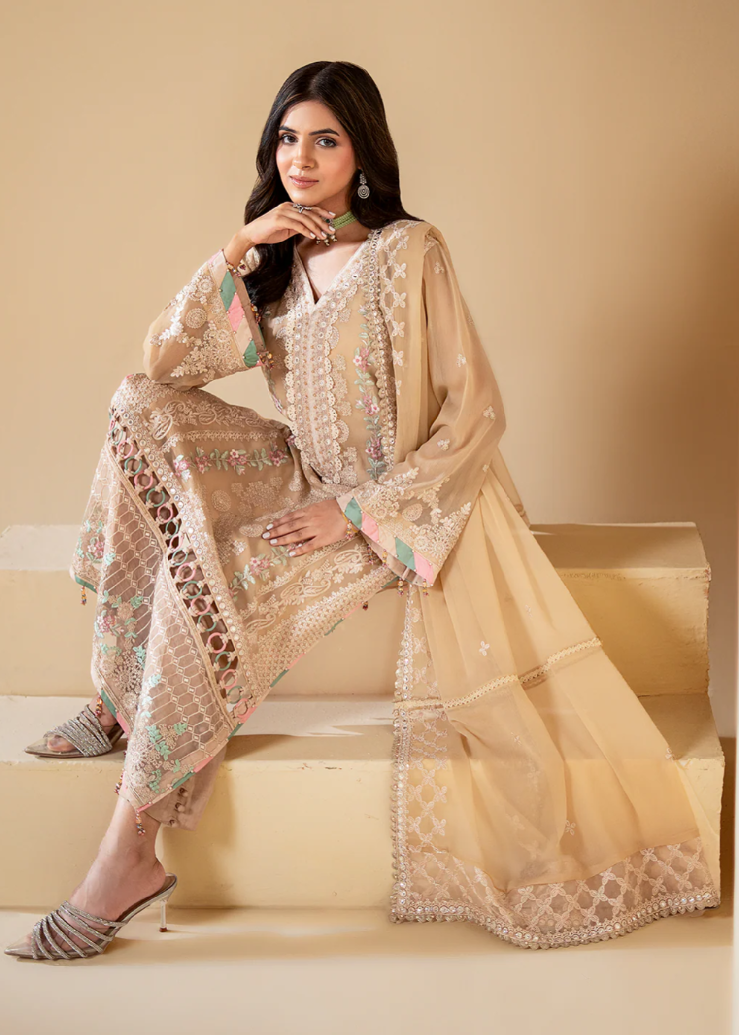chiffon Kurta Set in Antique white