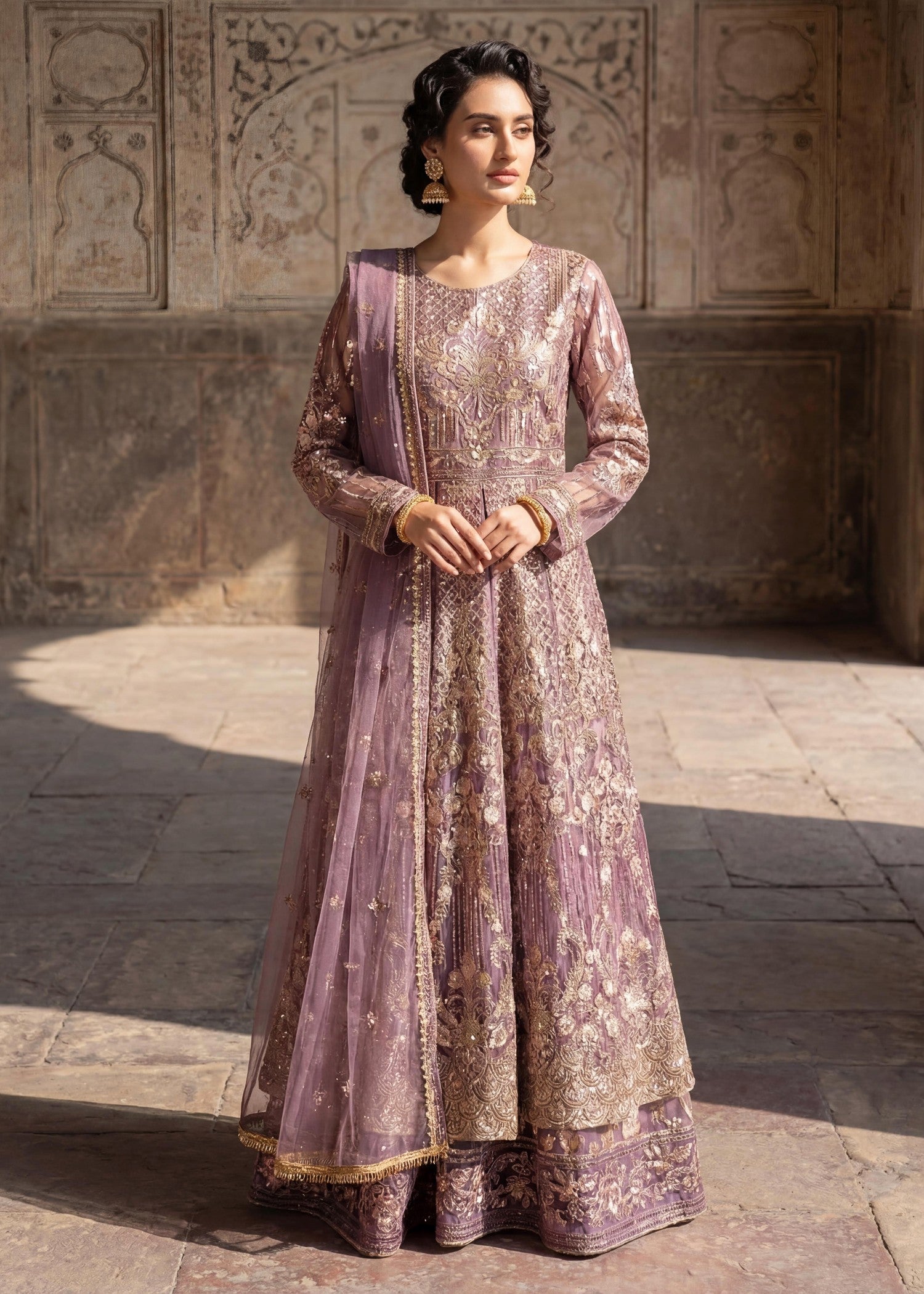 organza zari jacquard Pishwas in Lilac