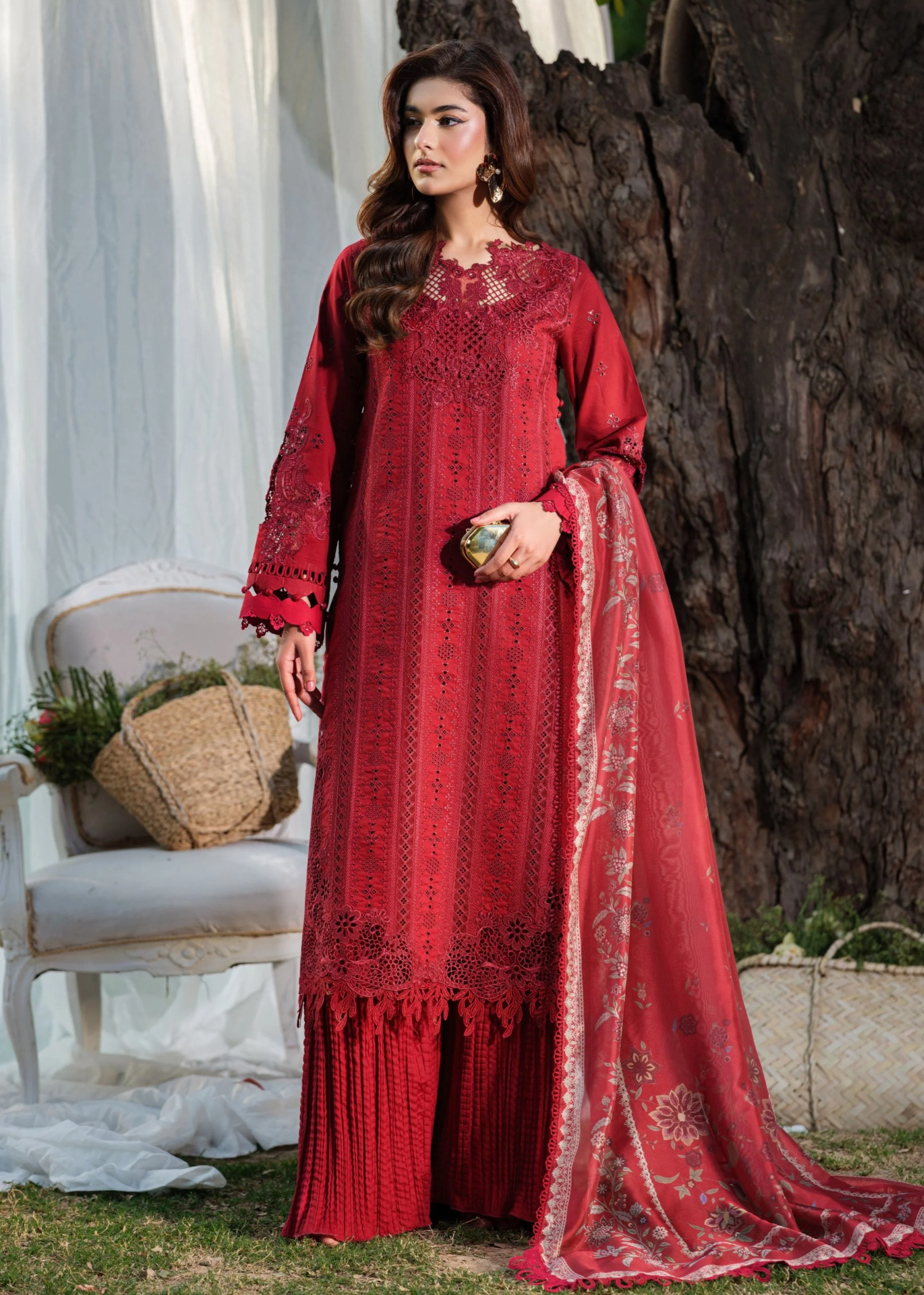 lawn Kurta Set in Persian red