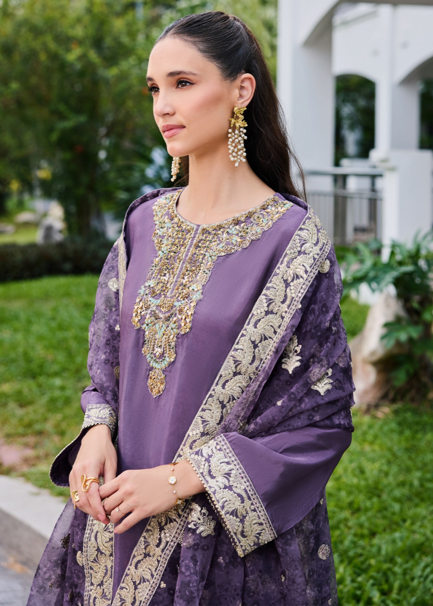 pure silk chiffon Kurta Set in Purple heart