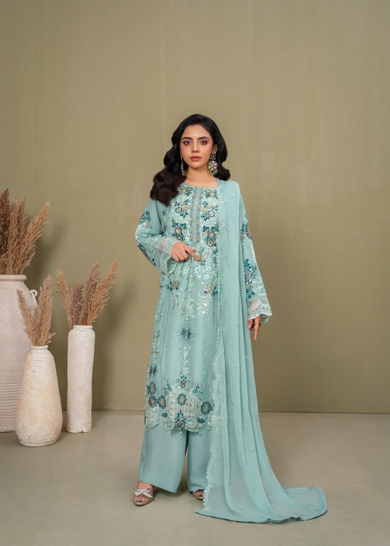 crinkle chiffon Kurta Set in Aquamarine