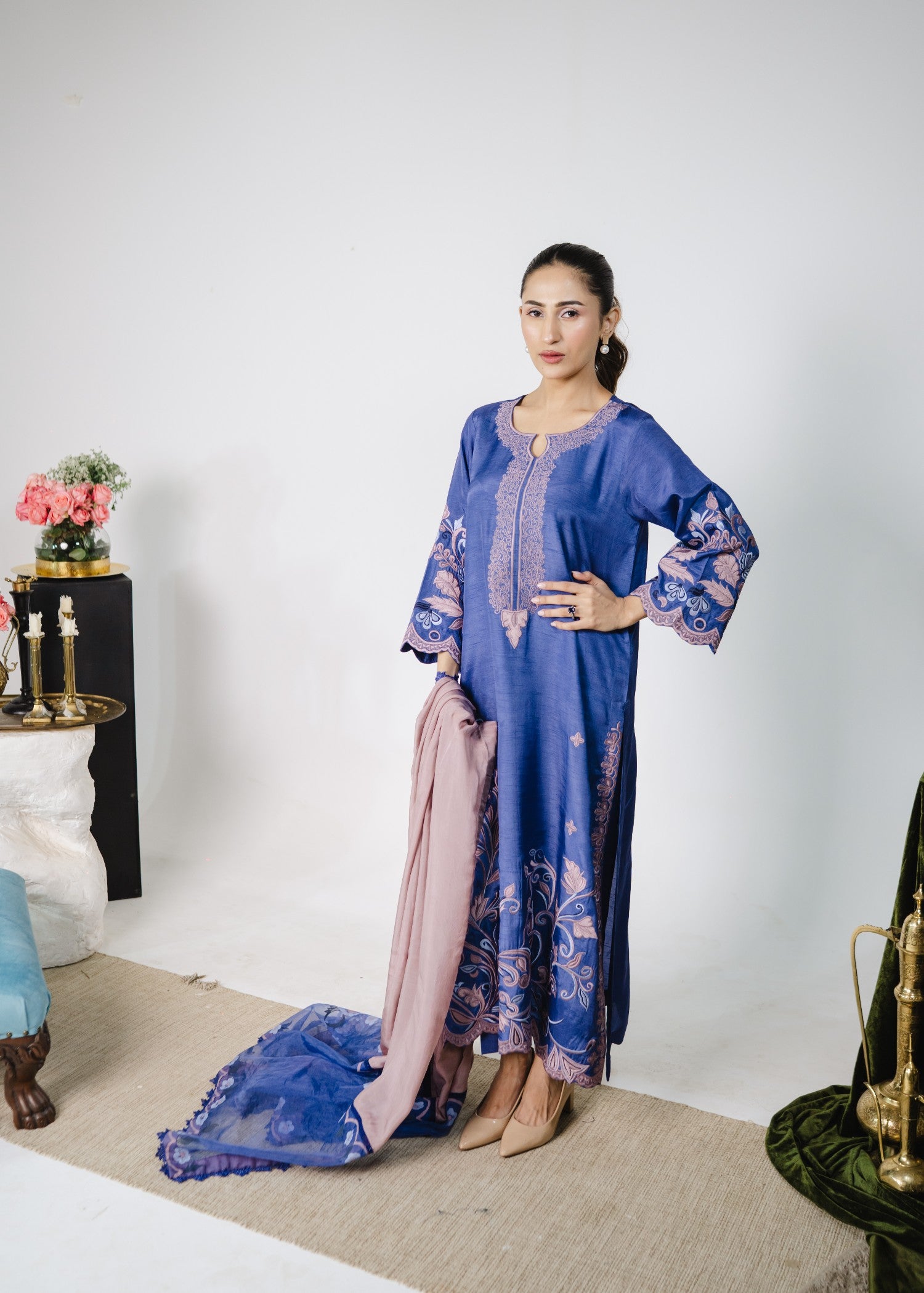 korean raw silk Kurta Set in Blue