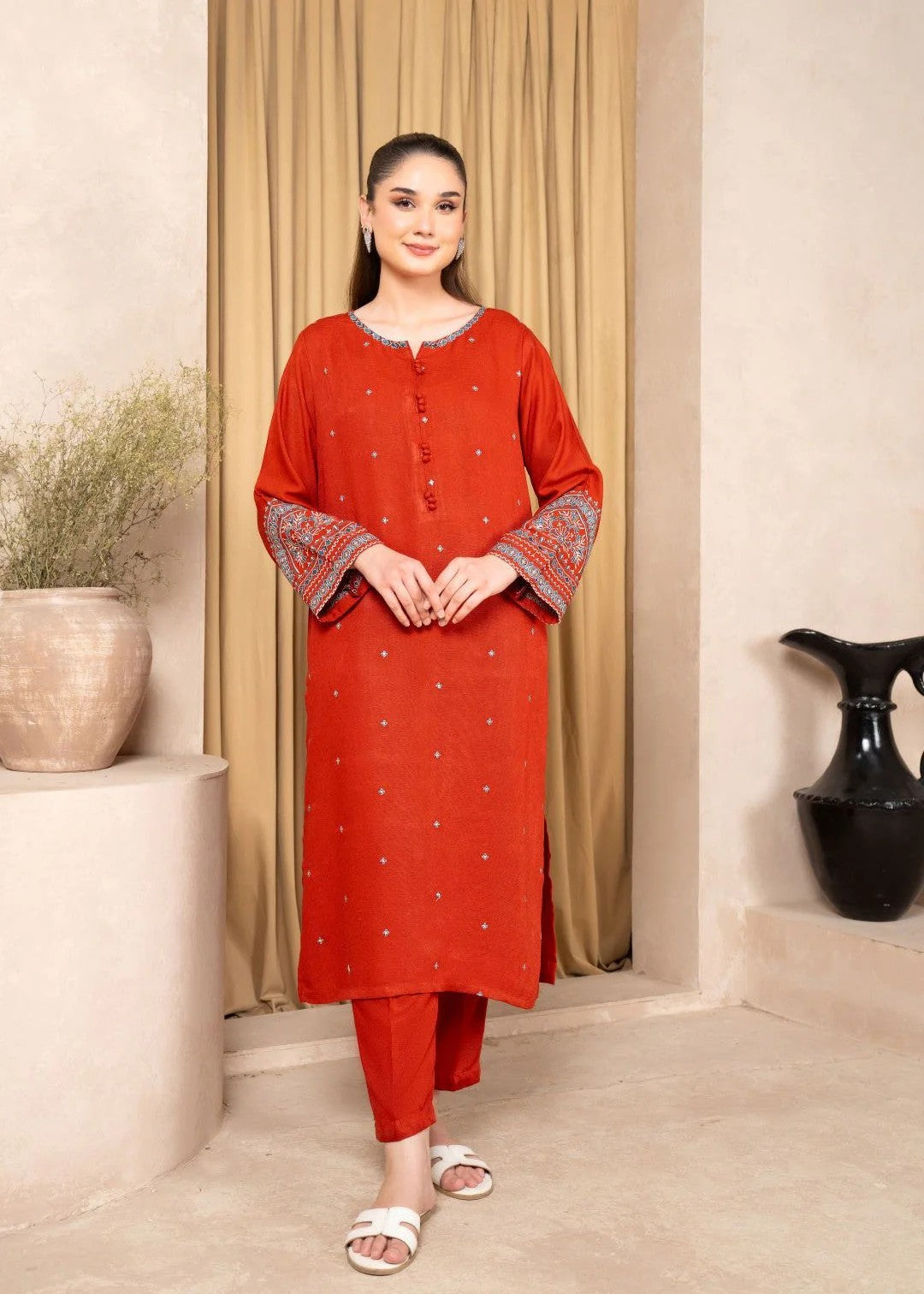 karandi Kurta Set in Rust orange
