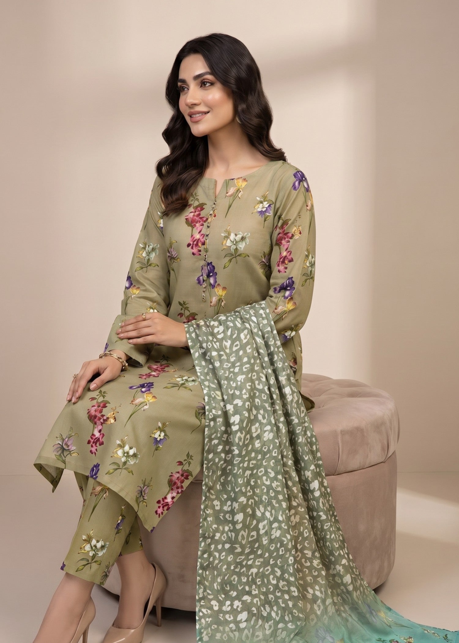 lawn Unstitched in Khaki brown