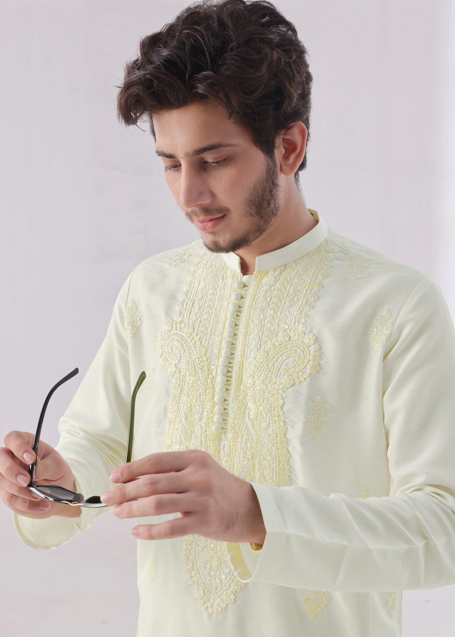 raw silk Kurta Set in Cream by Bin Musab