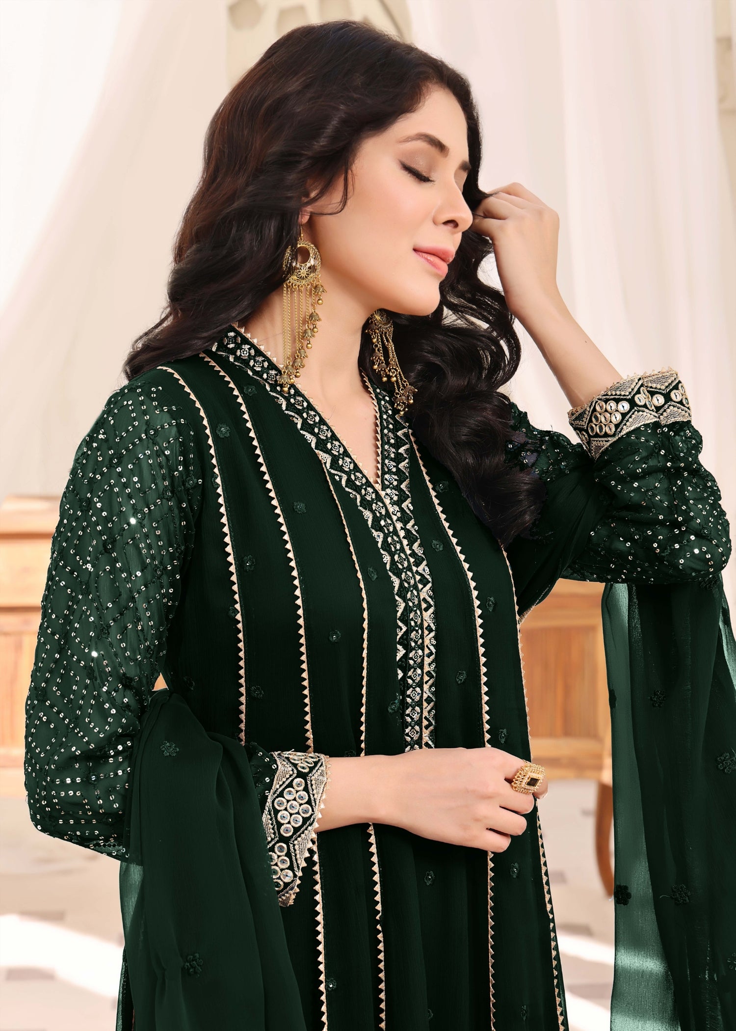 chiffon Anarkali in Dark green