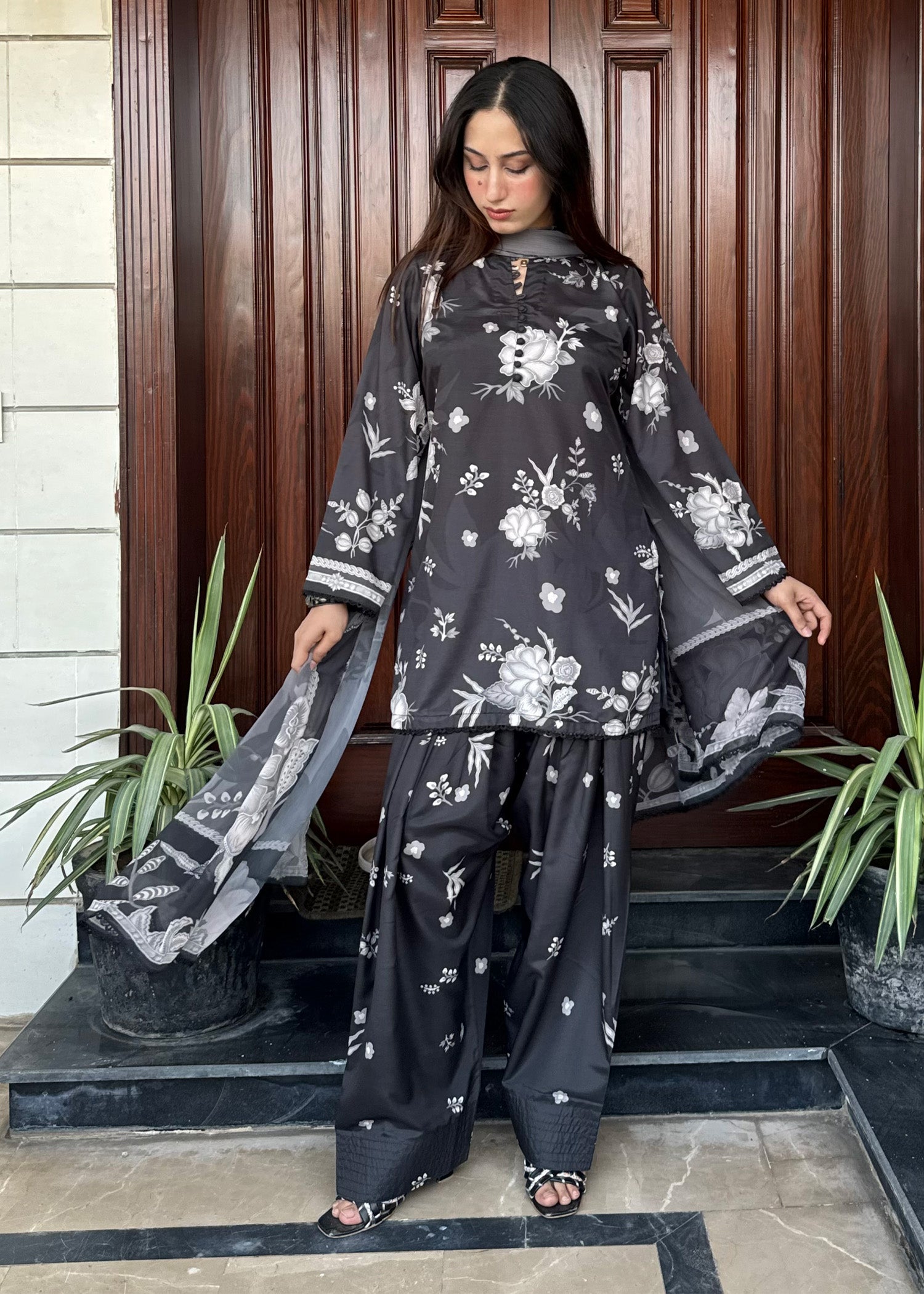silk finish lawn Kurta Set in Black