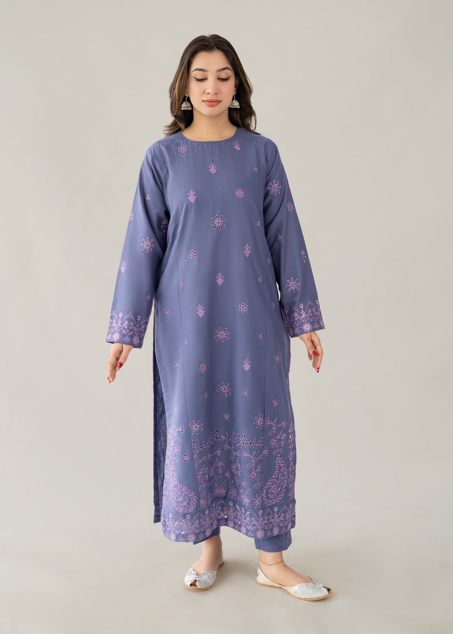 slub khaddar Kurta Set in Royal purple