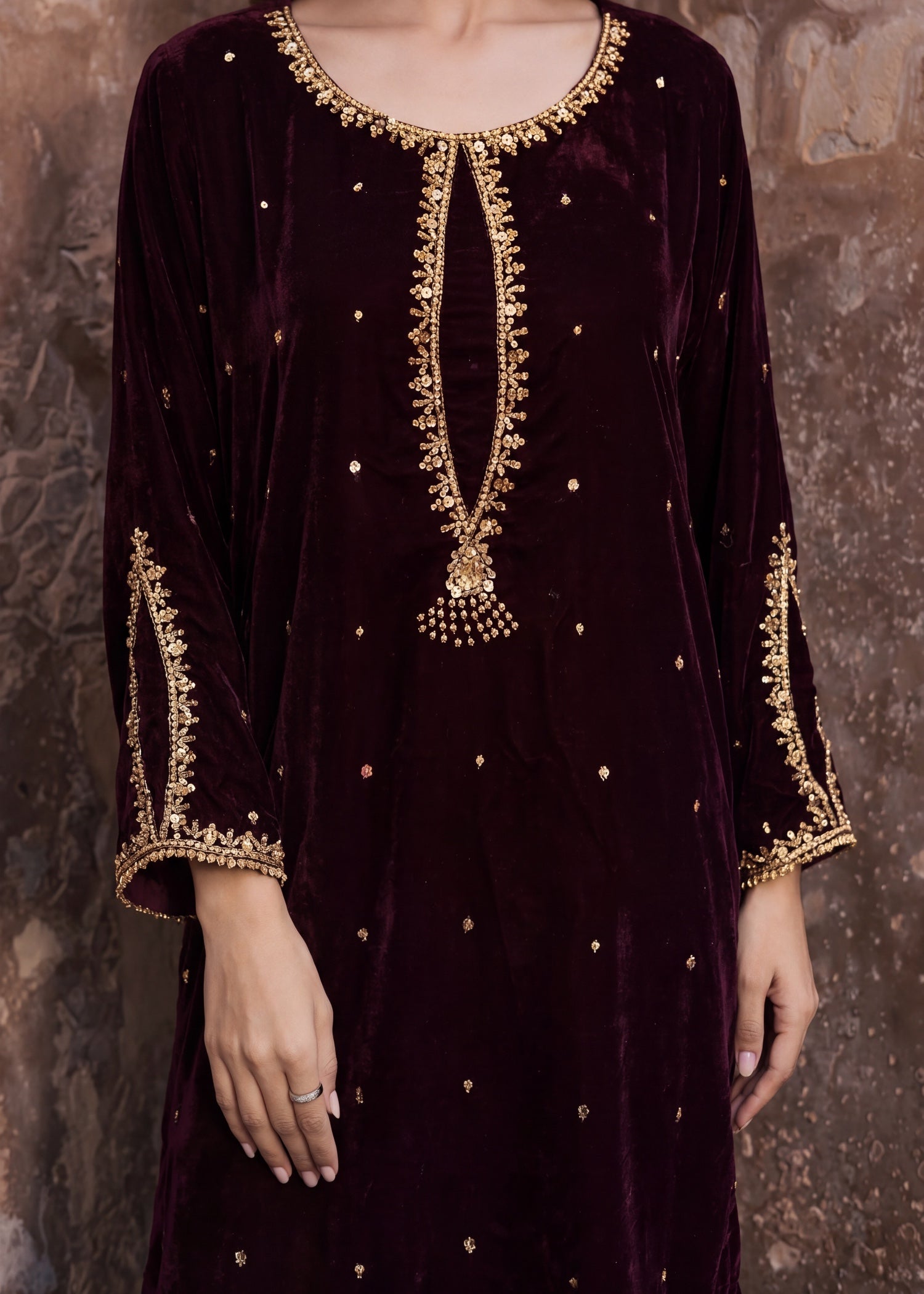 velvet Kurta Set in Burgundy
