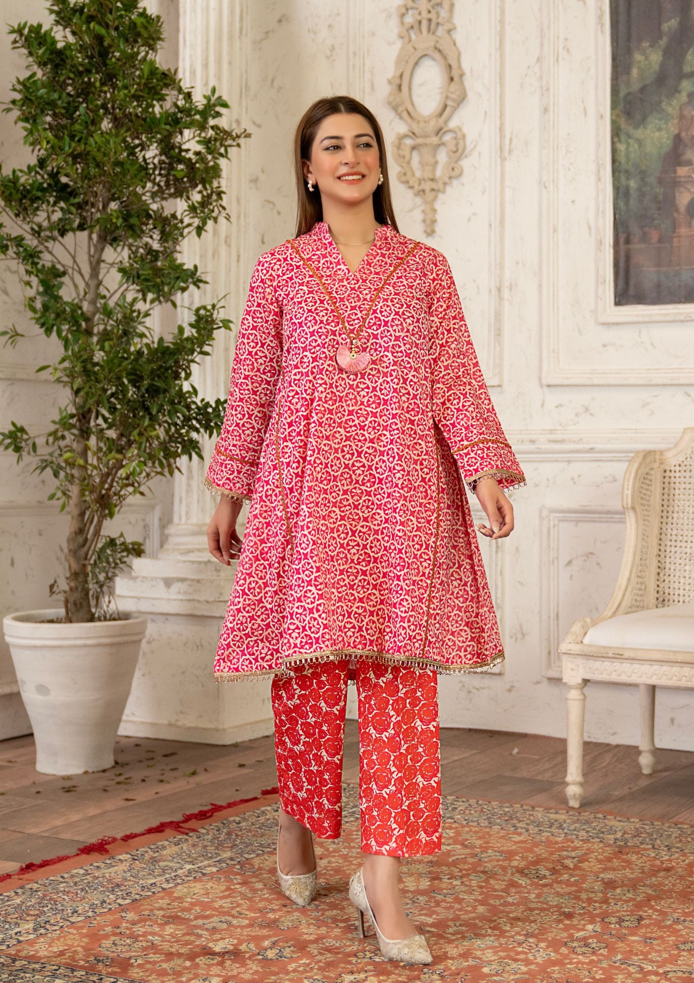 lawn Short Frock in Red