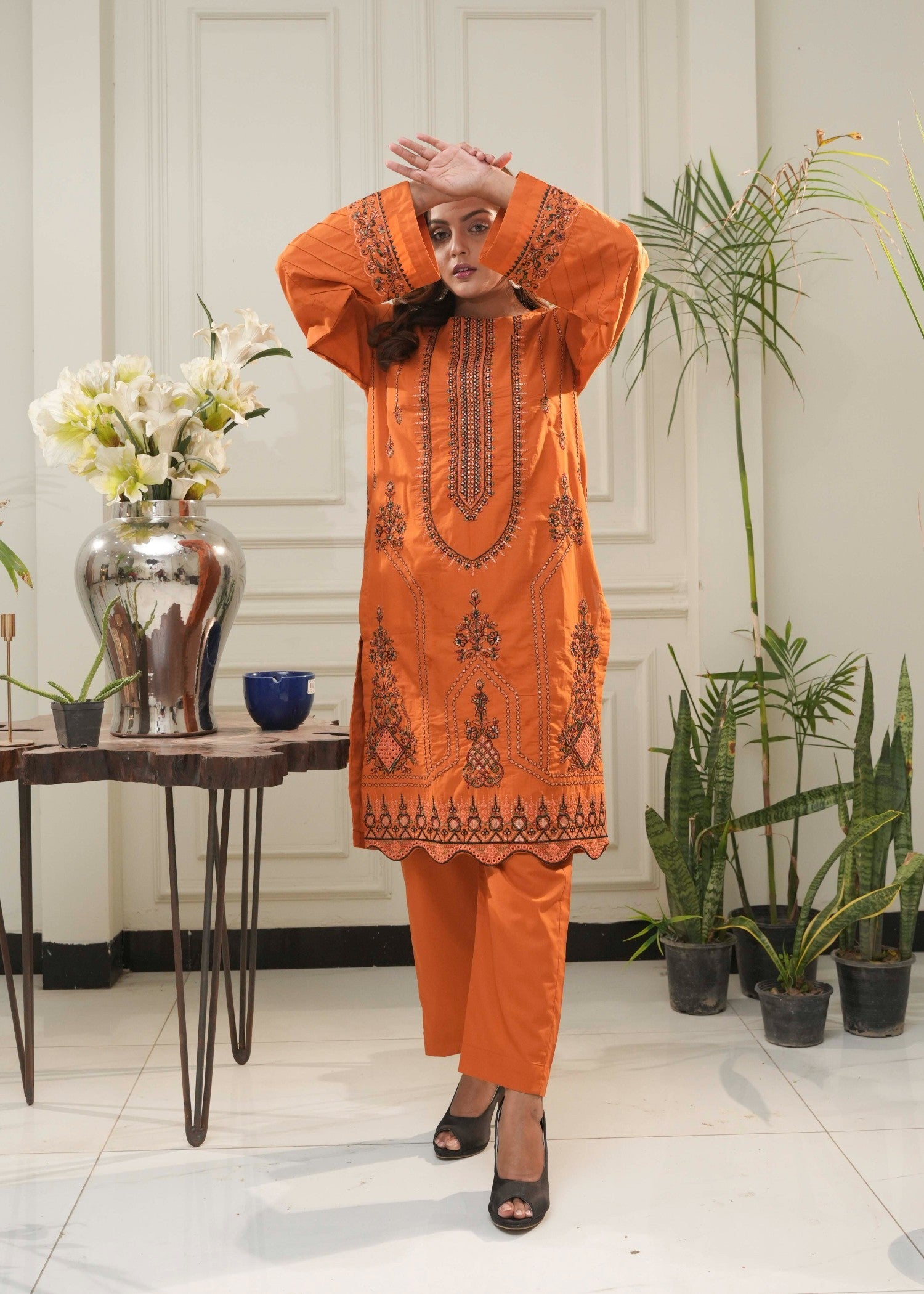 cotton Kurta Set in Burnt orange