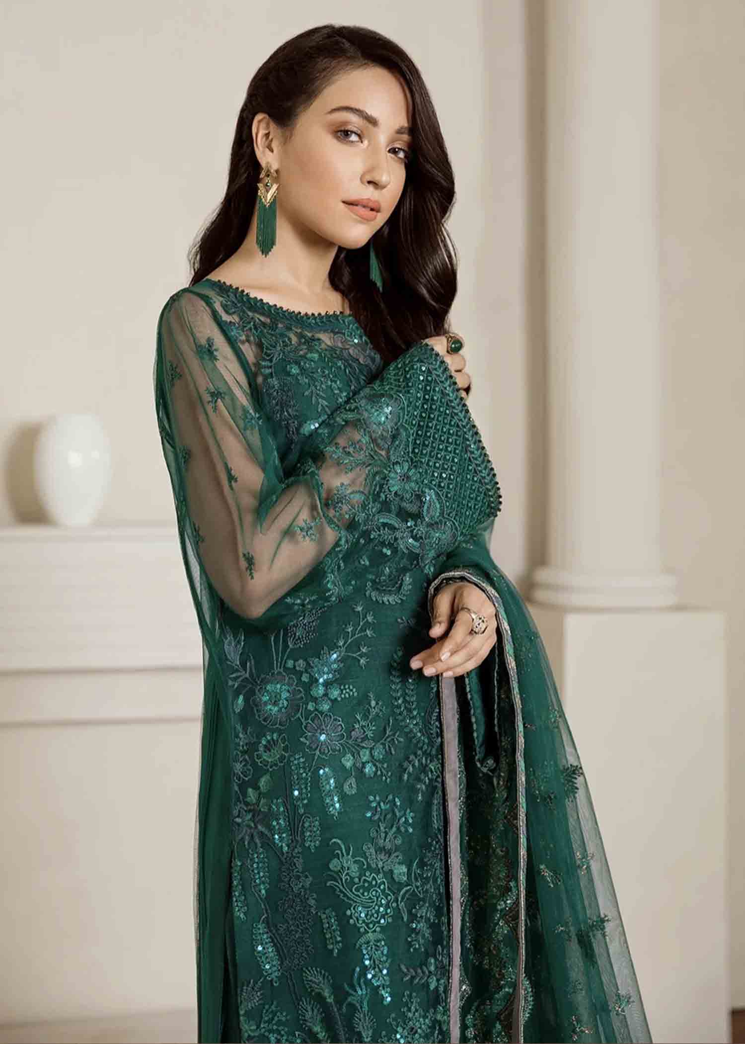 net Kurta Set in Bottle green