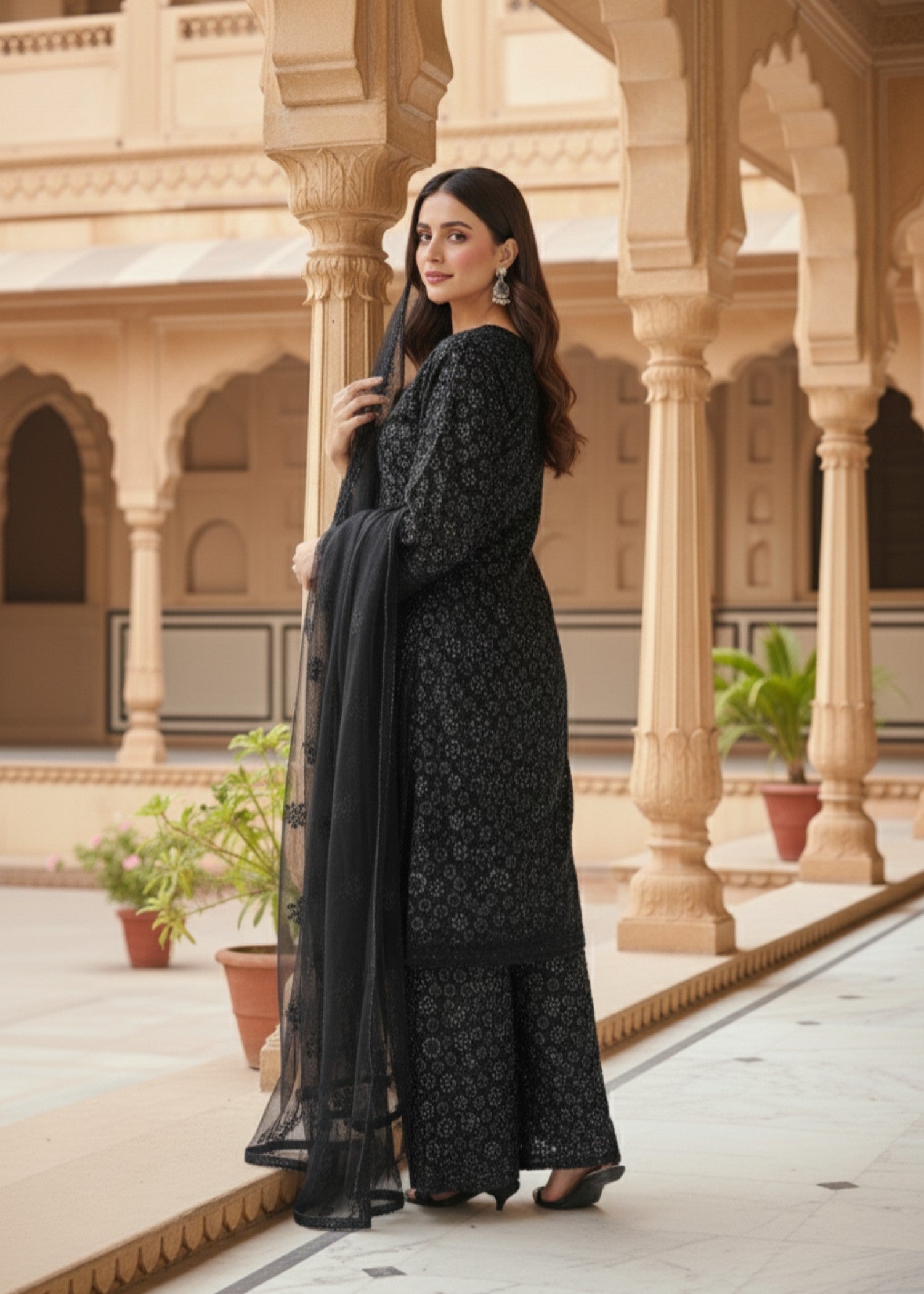 polyester net Kurta Set in Black