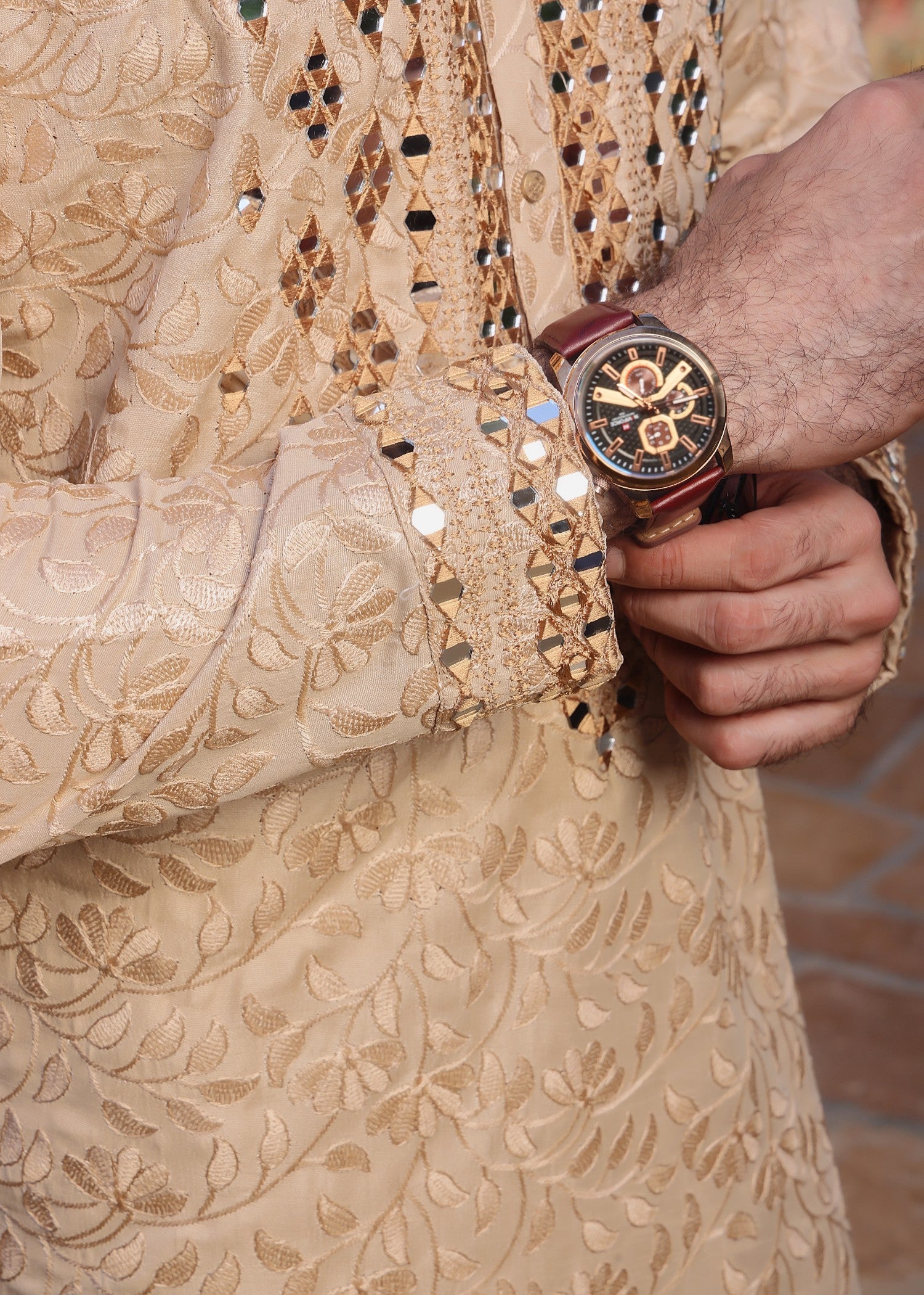 jamawar Kurta Set in Beige
